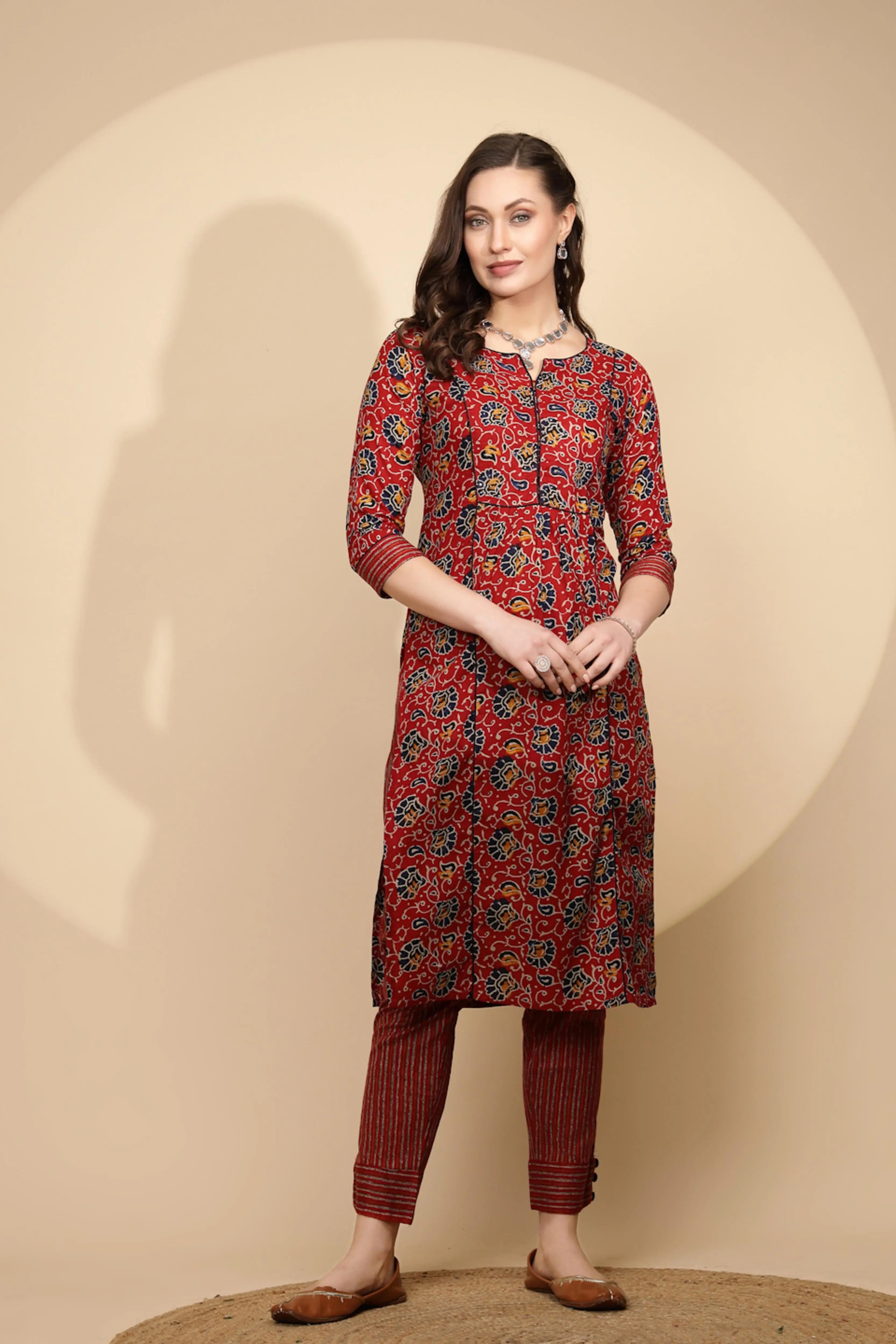 Red Cotton Regular Fit Kurta Set For Women - Global Republic