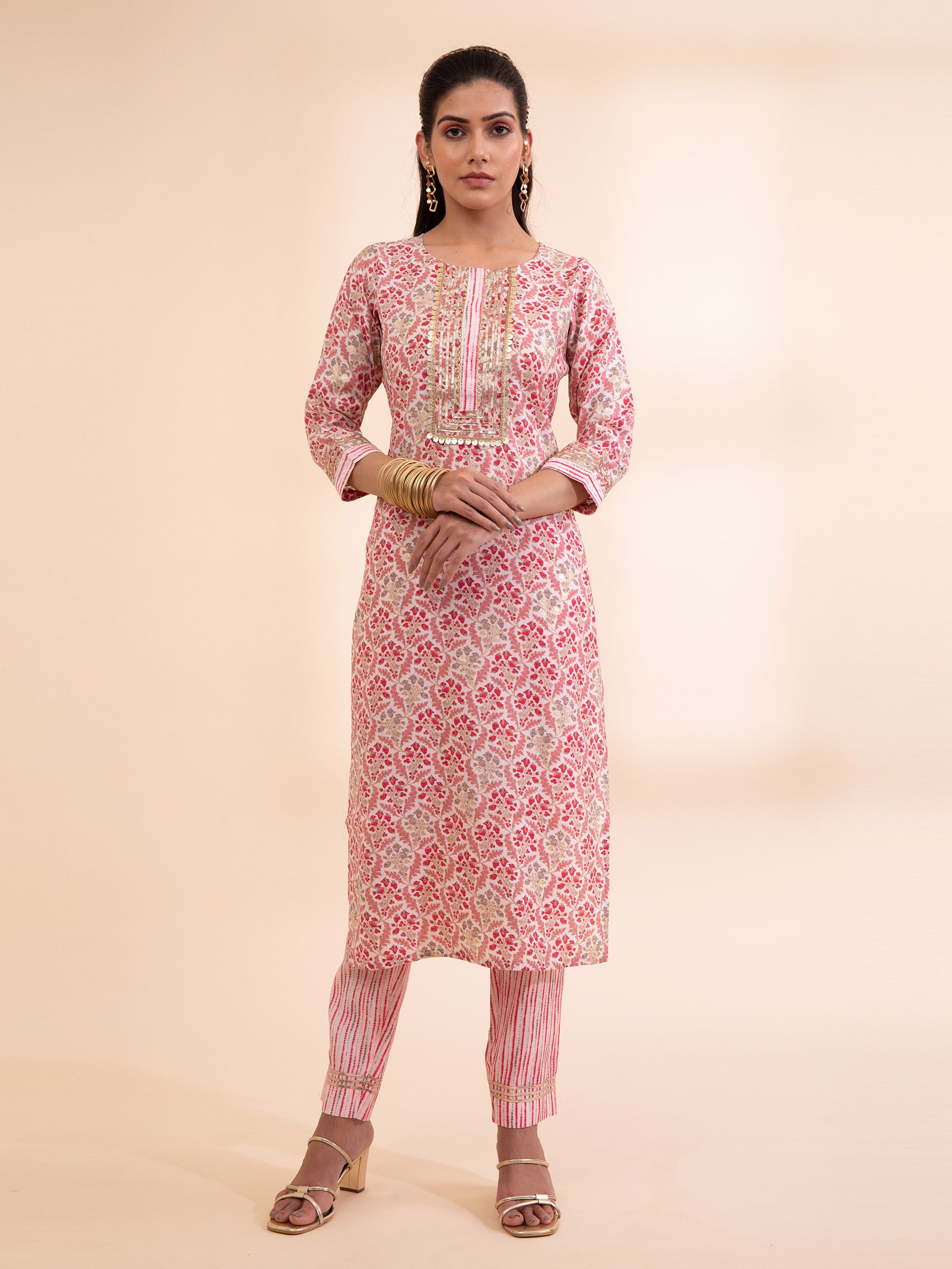 Women Pink Three Quarter Sleeve Printed Kurta Set - Global Republic
