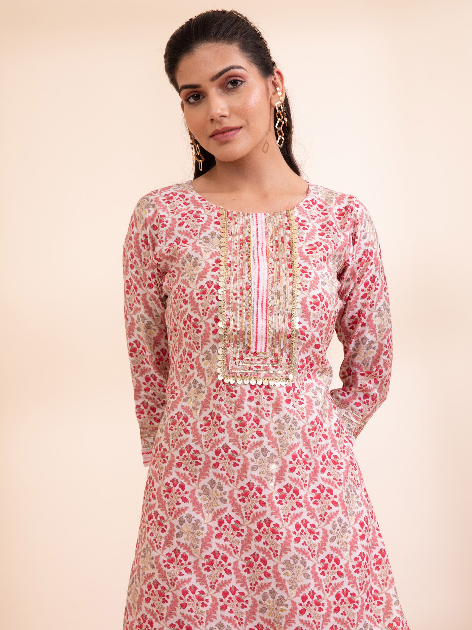 Women Pink Three Quarter Sleeve Printed Kurta Set - Global Republic