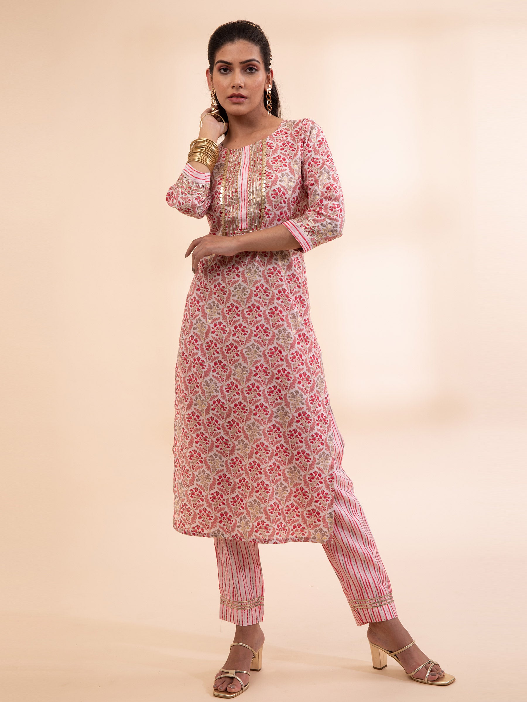 Women Pink Three Quarter Sleeve Printed Kurta Set - Global Republic