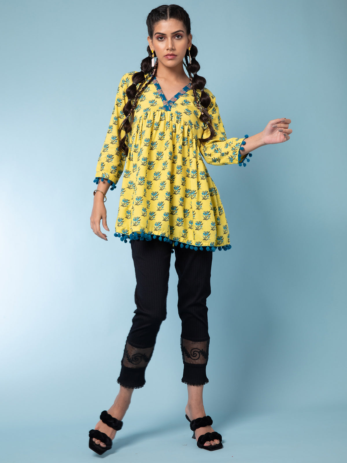 Women Mustard V-Neck Printed Tunic