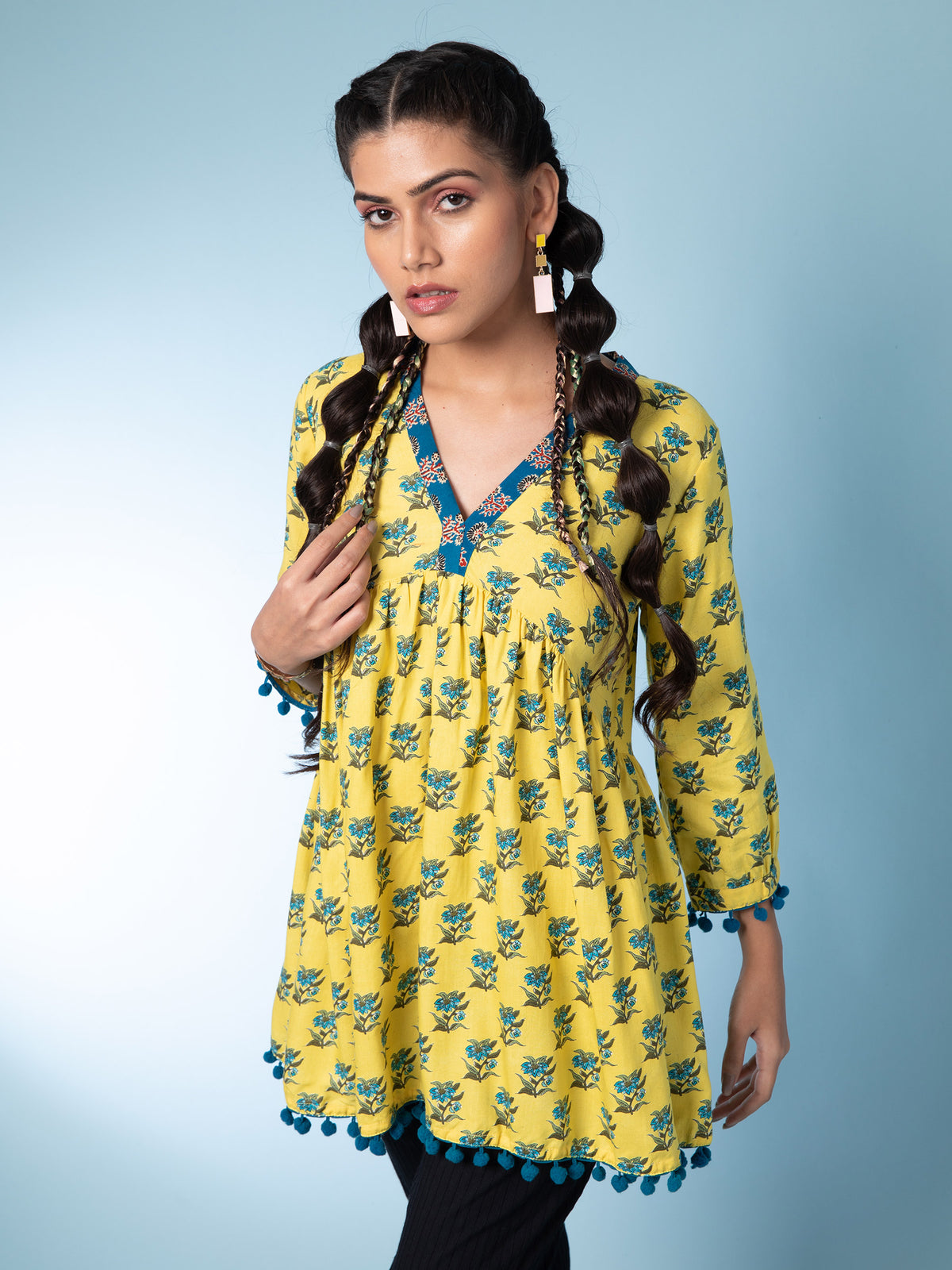 Women Mustard V-Neck Printed Tunic