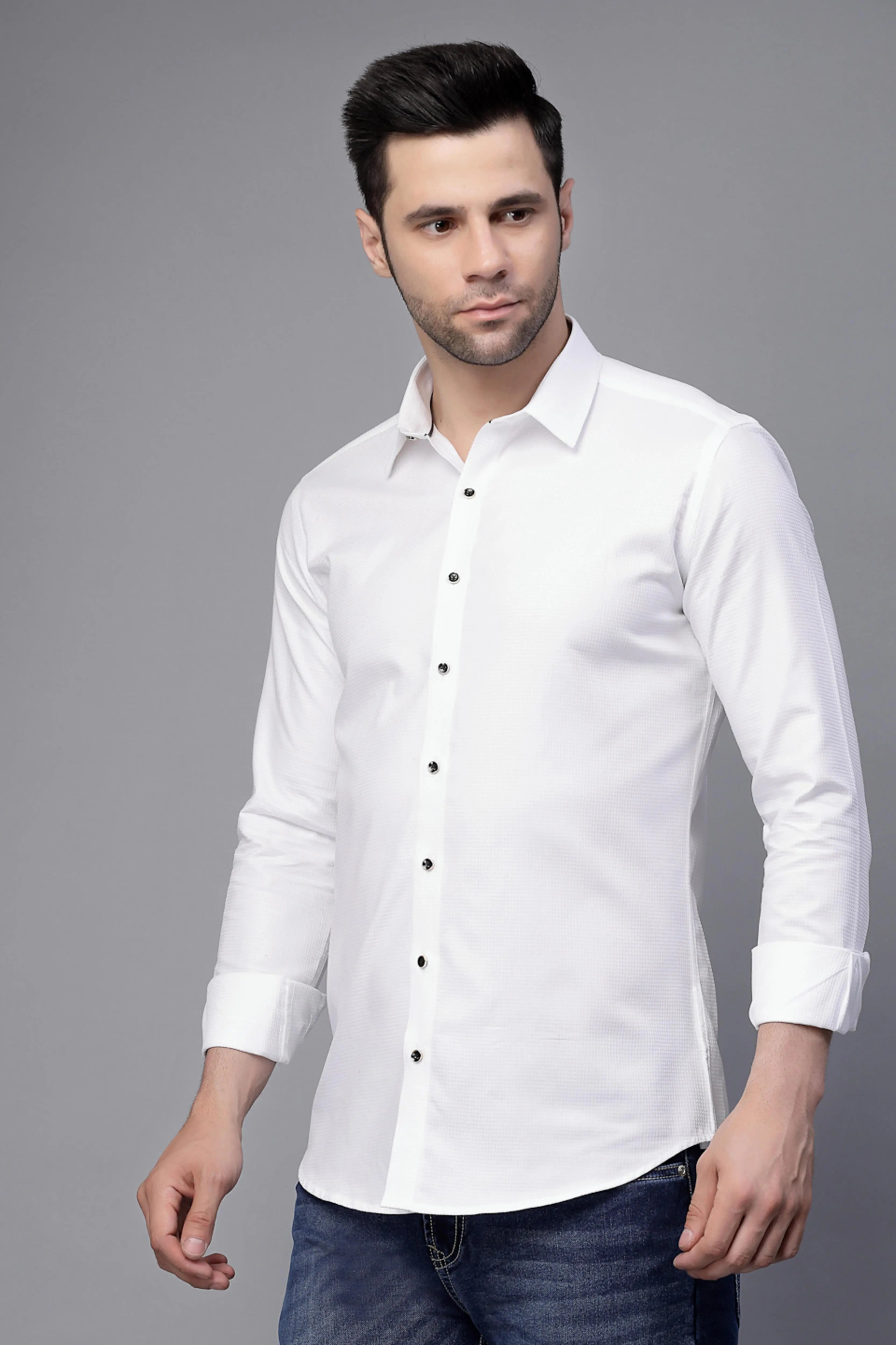 Mens White Collar Neck Solid Regular Shirt - Global Republic