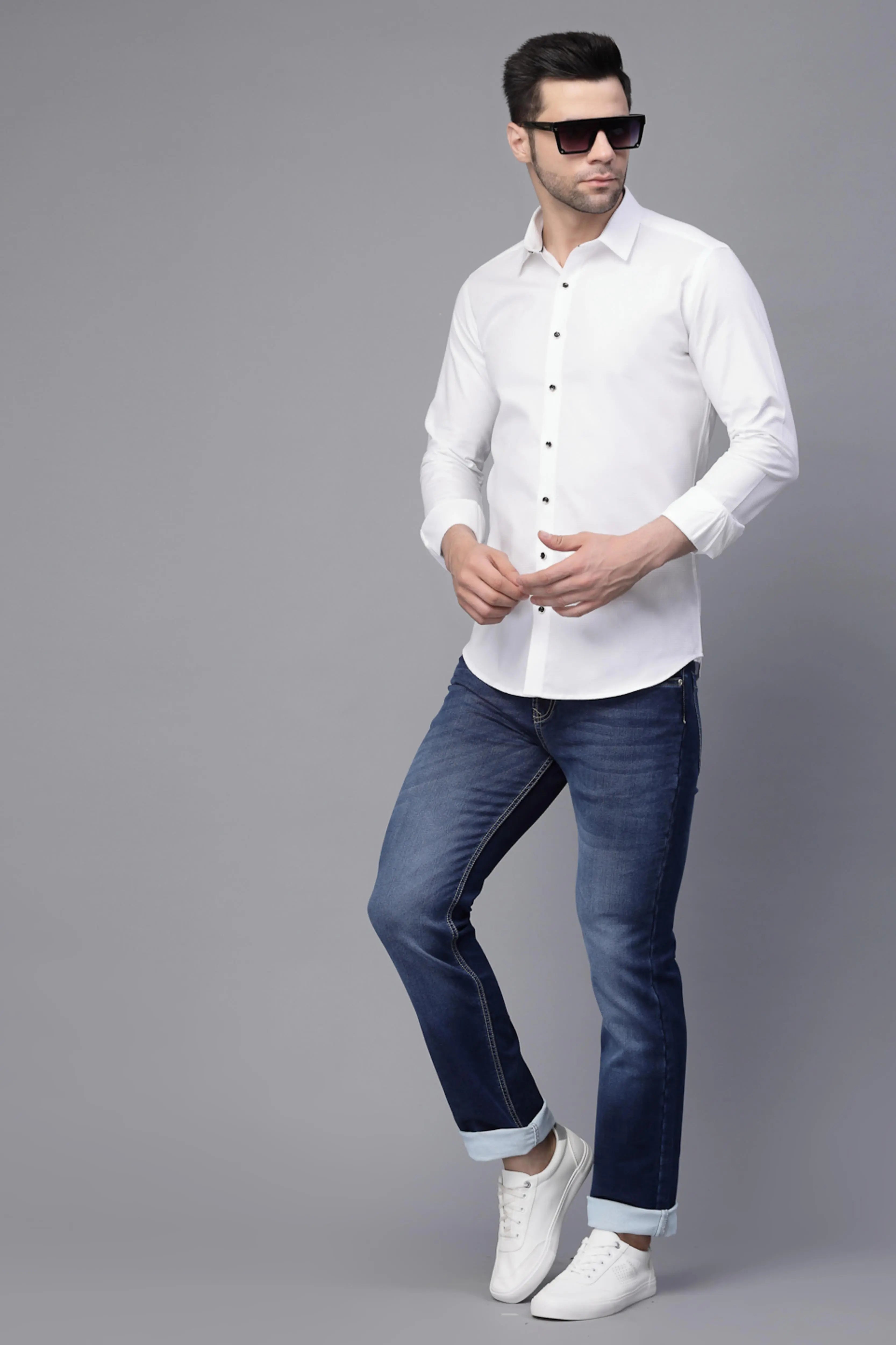 Mens White Collar Neck Solid Regular Shirt - Global Republic