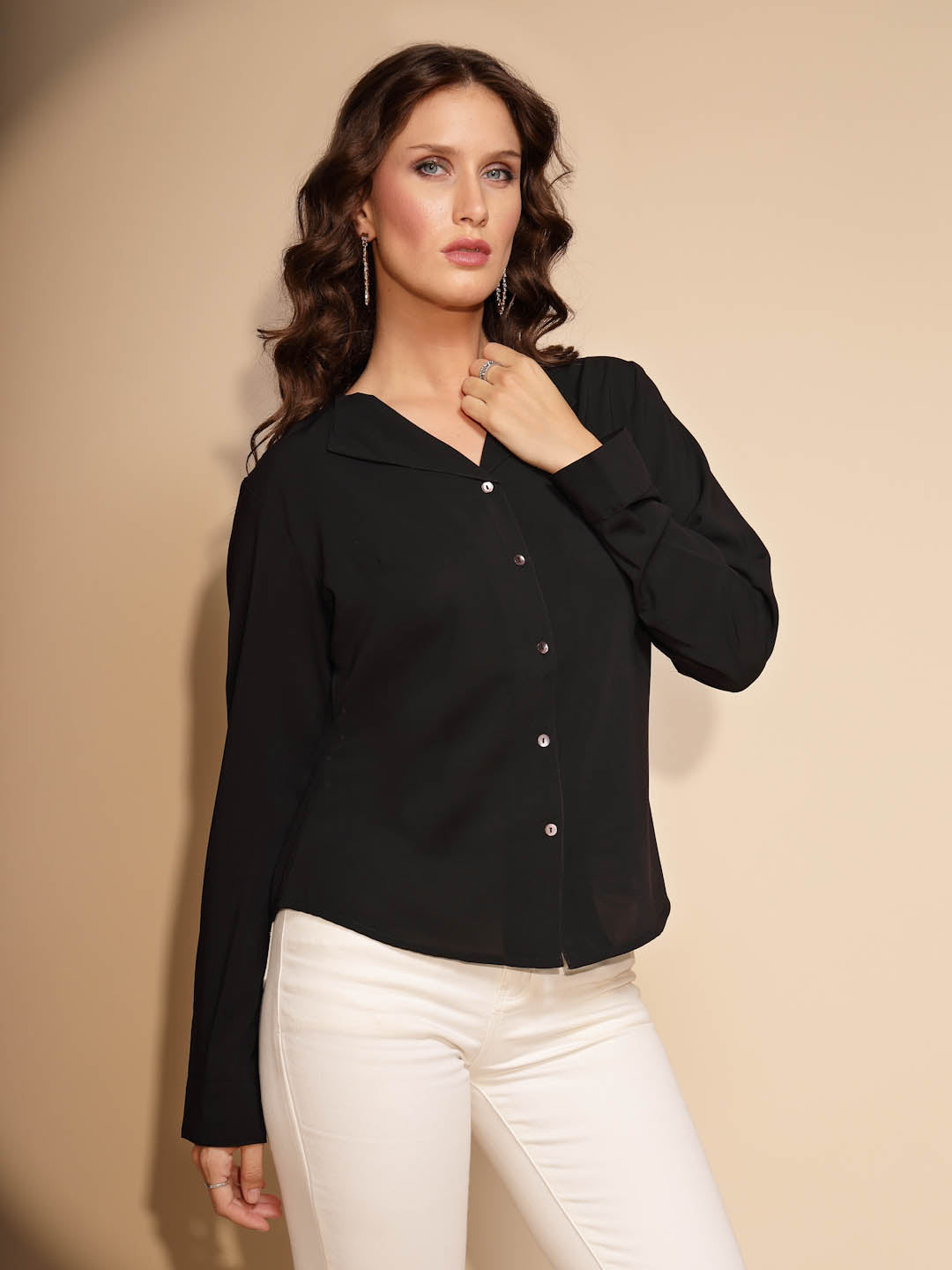 Women Solid Collar Neck Cotton Plain Shirt