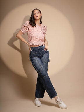 Blue Lace Square Neck Top
