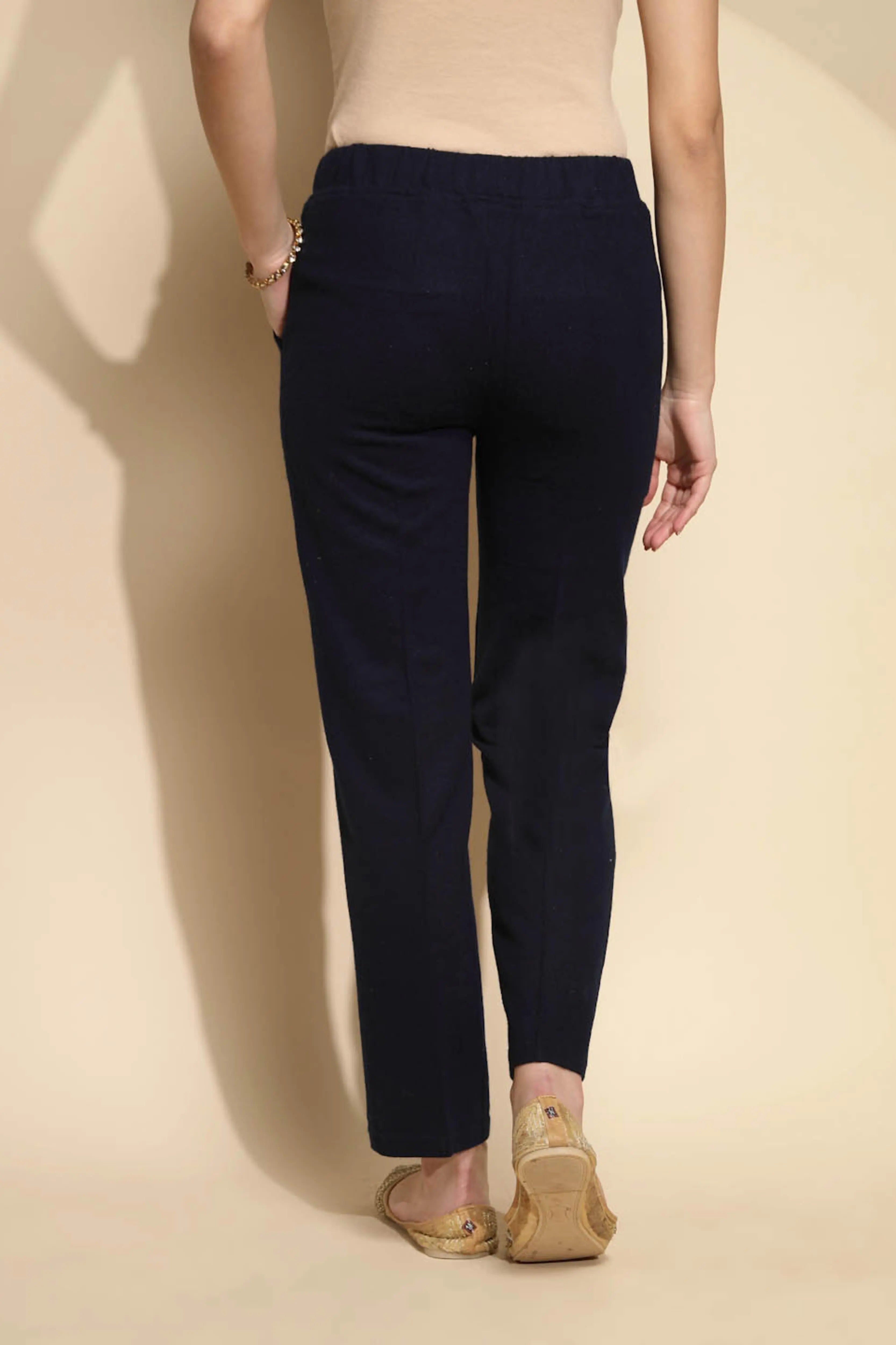 Solid Navy Cotton Mid Rise Ankle Length Pants - Global Republic