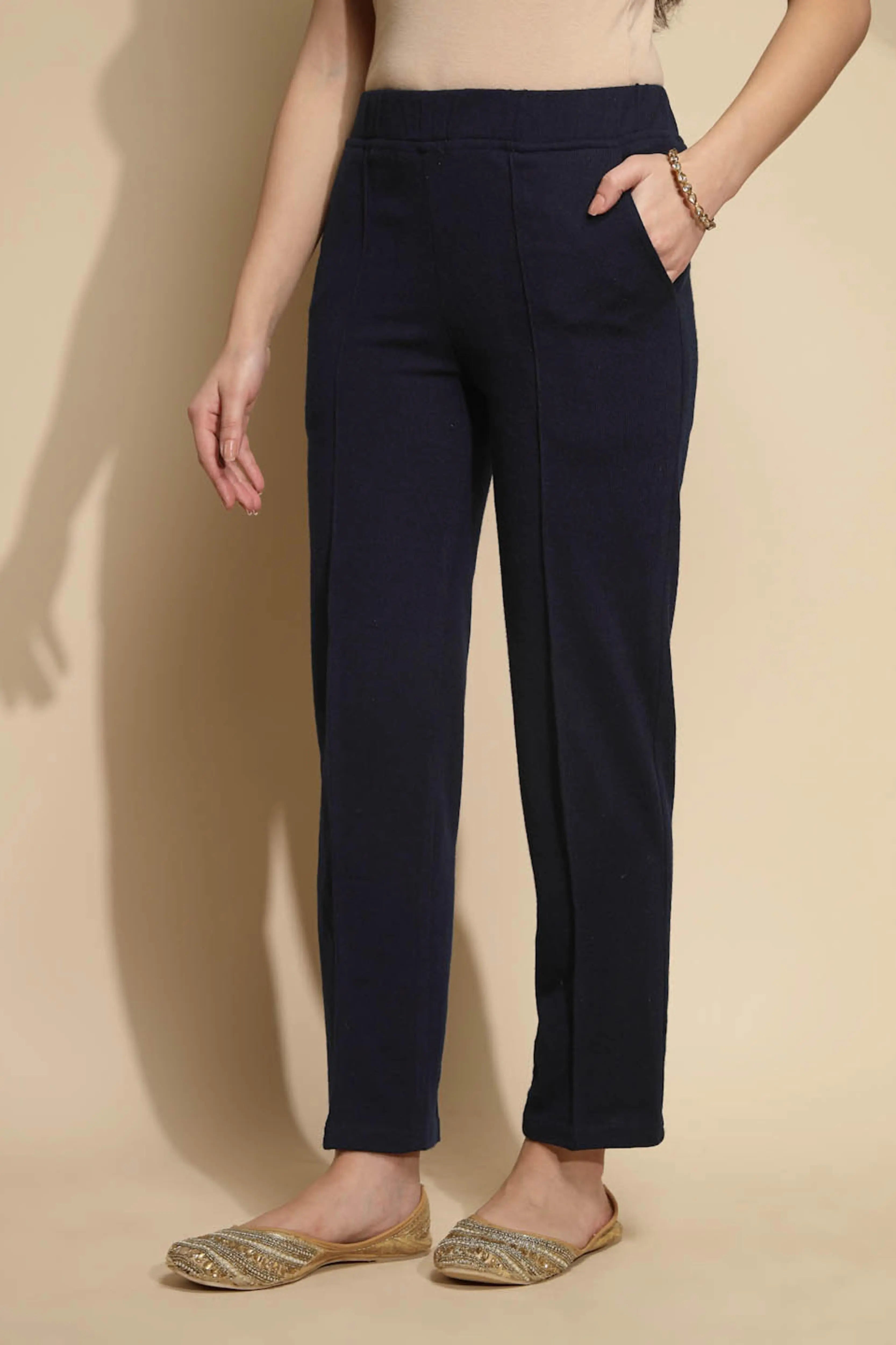 Solid Navy Cotton Mid Rise Ankle Length Pants - Global Republic