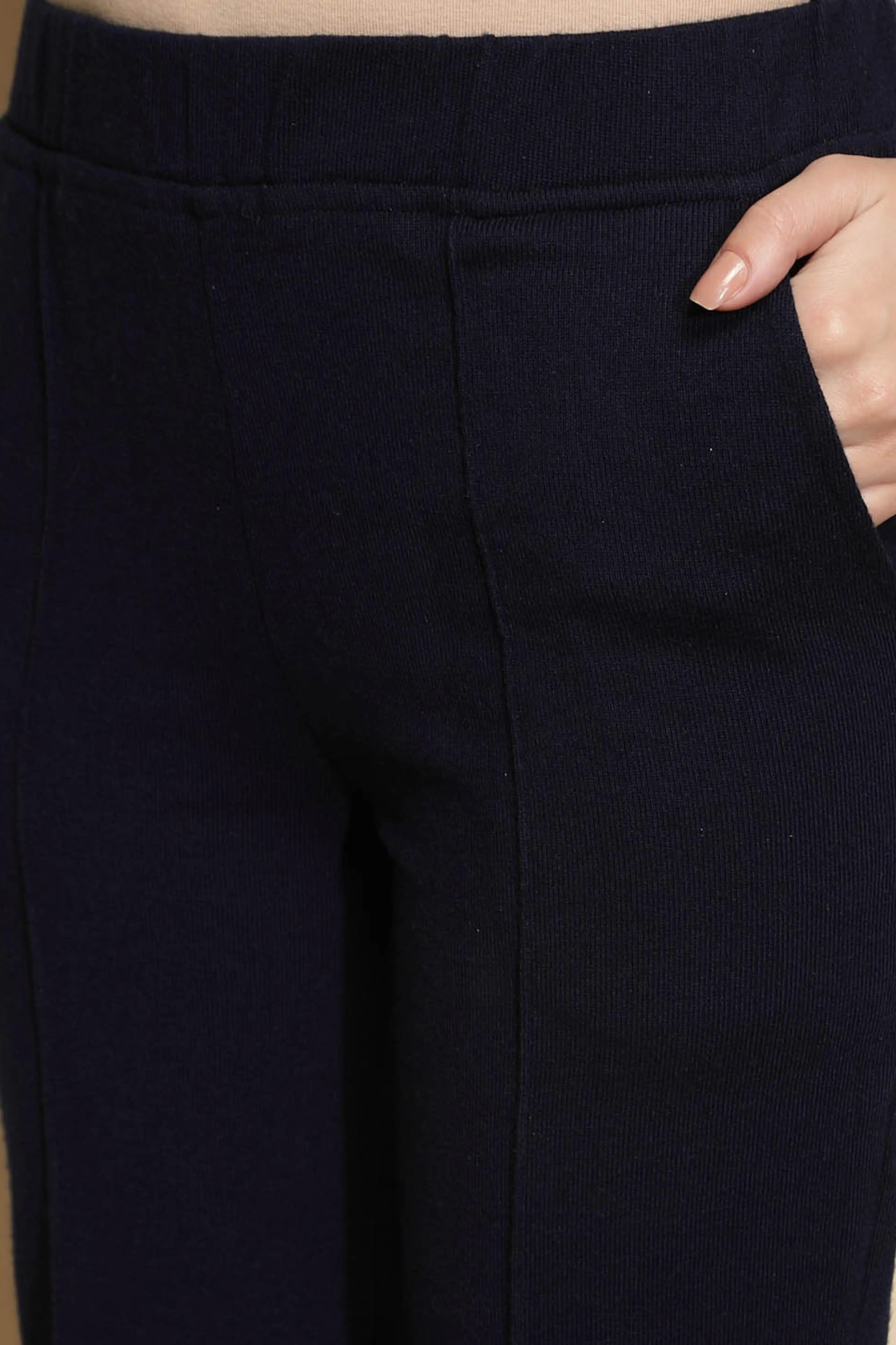 Solid Navy Cotton Mid Rise Ankle Length Pants - Global Republic