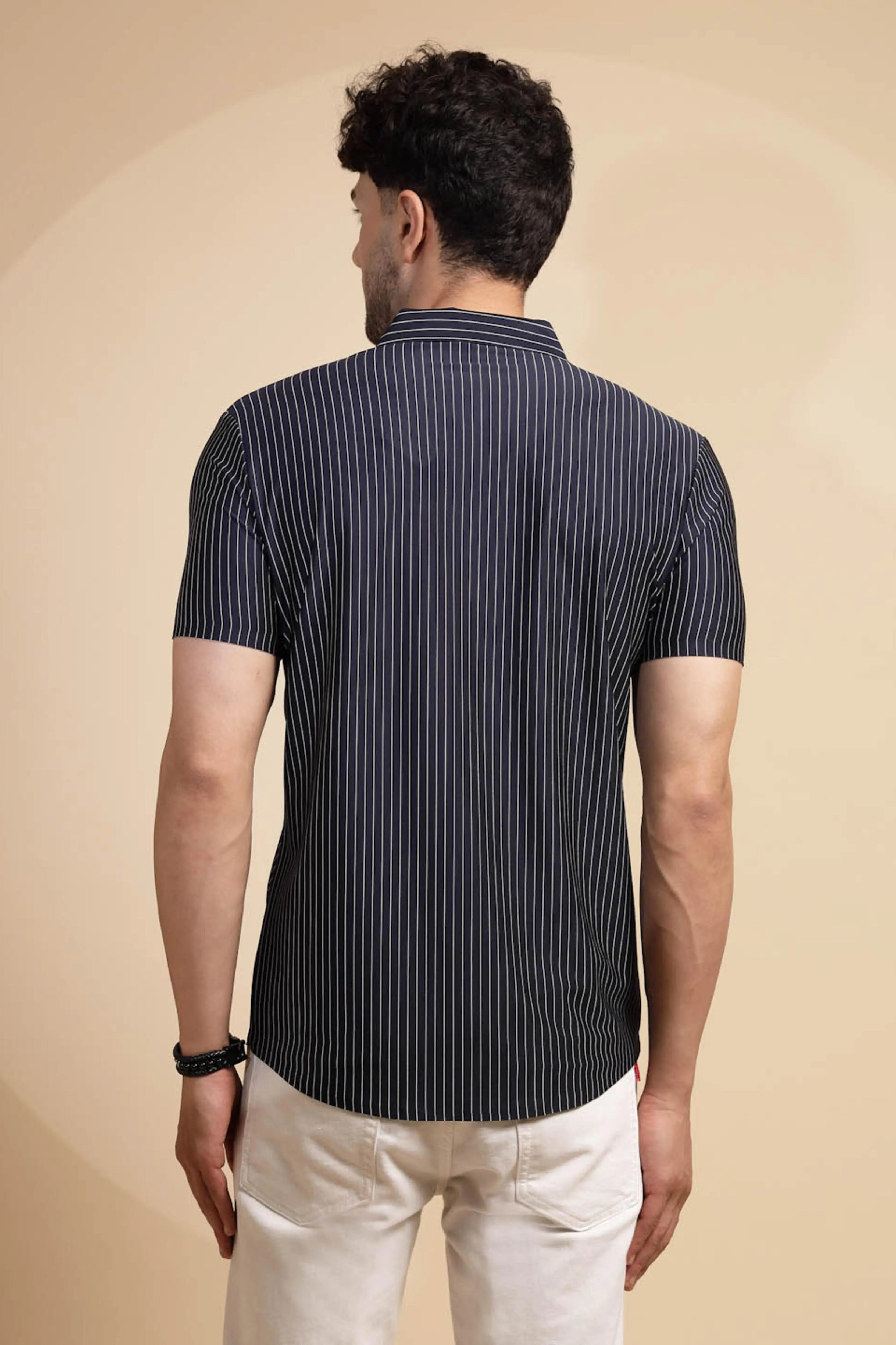 Blue Striped Half Sleeve Collared Neck Cotton Shirt - Global Republic