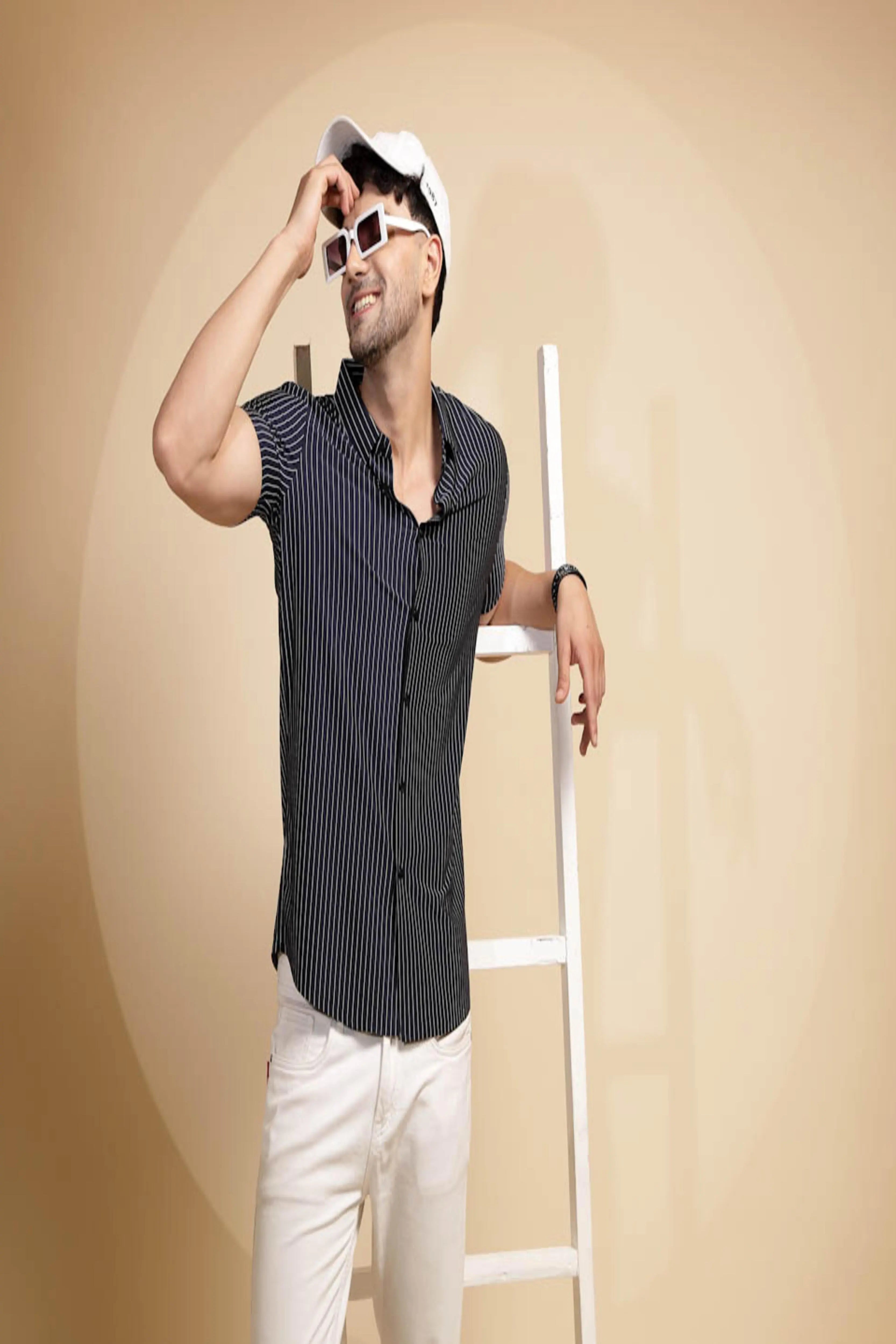 Blue Striped Half Sleeve Collared Neck Cotton Shirt - Global Republic