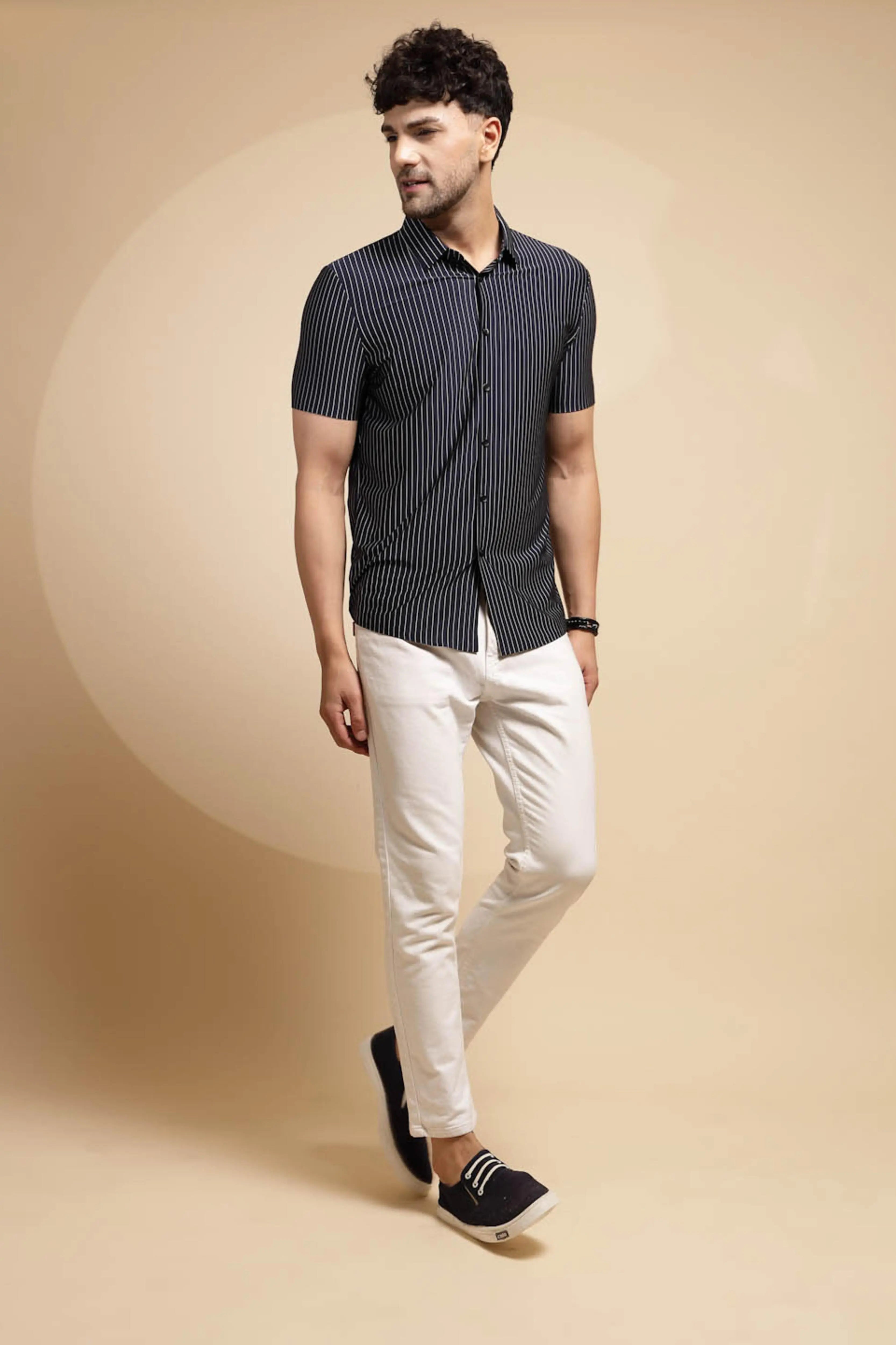 Blue Striped Half Sleeve Collared Neck Cotton Shirt - Global Republic