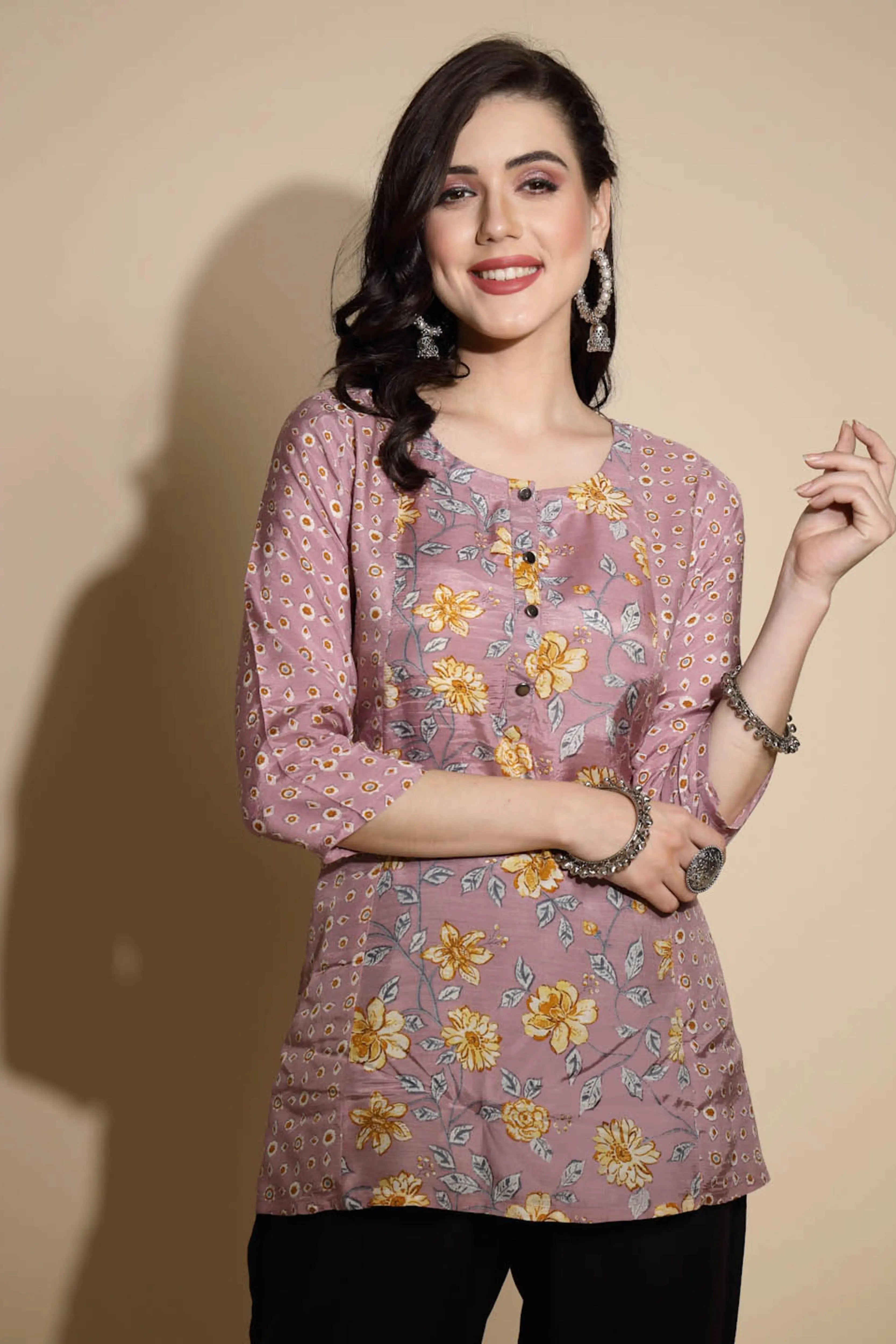 Mauve Floral Print Satin Tunic - Global Republic