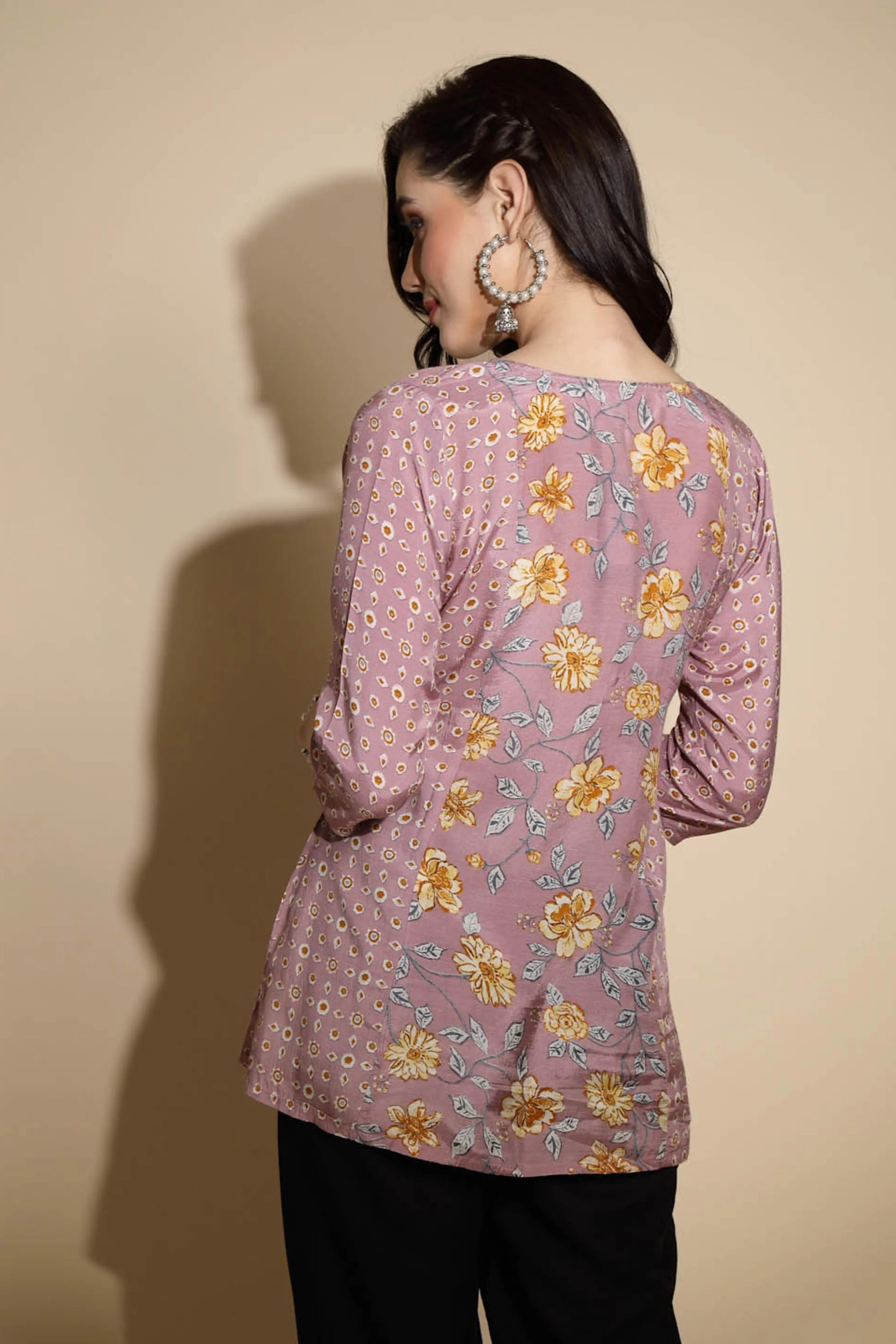 Mauve Floral Print Satin Tunic - Global Republic