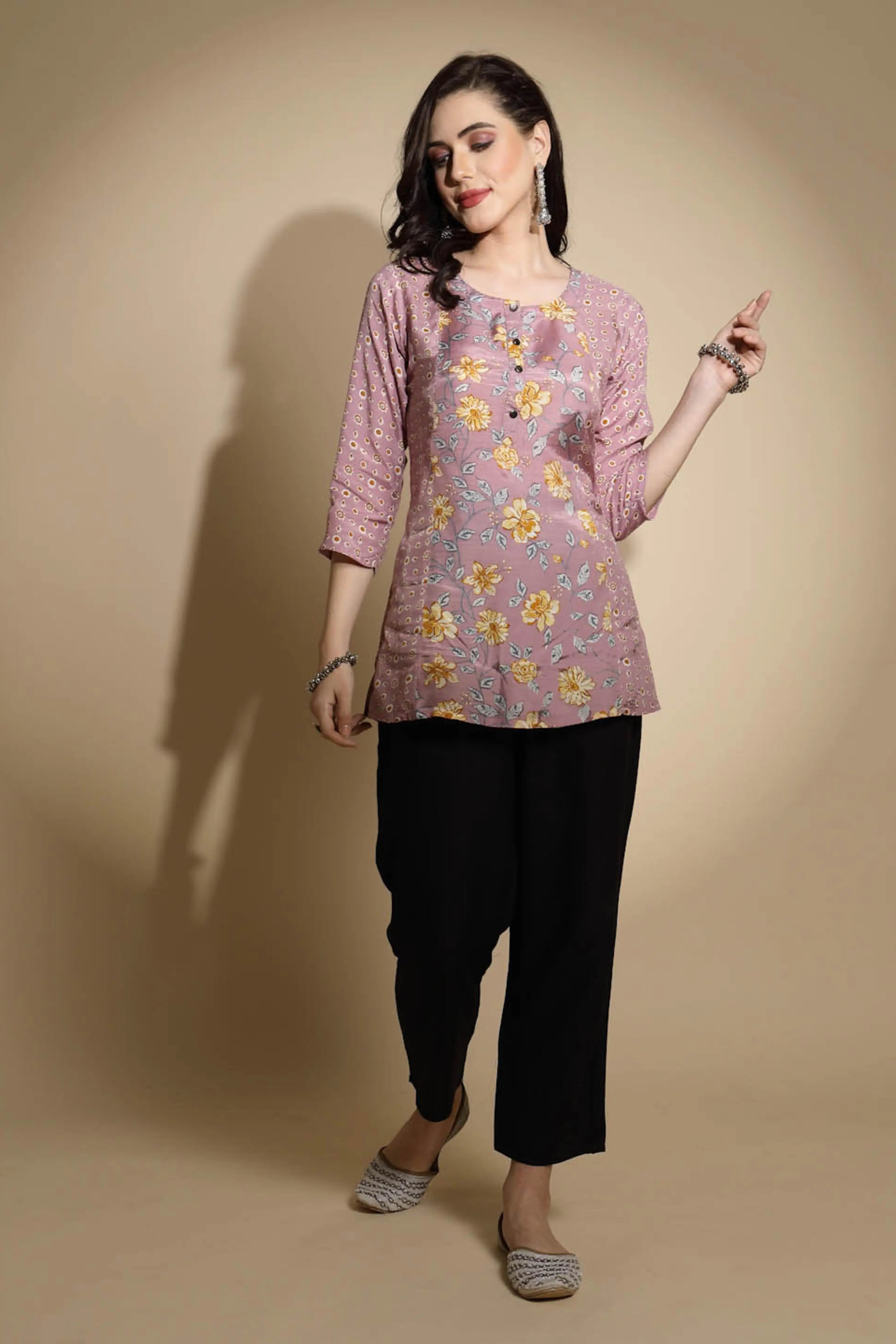 Mauve Floral Print Satin Tunic - Global Republic