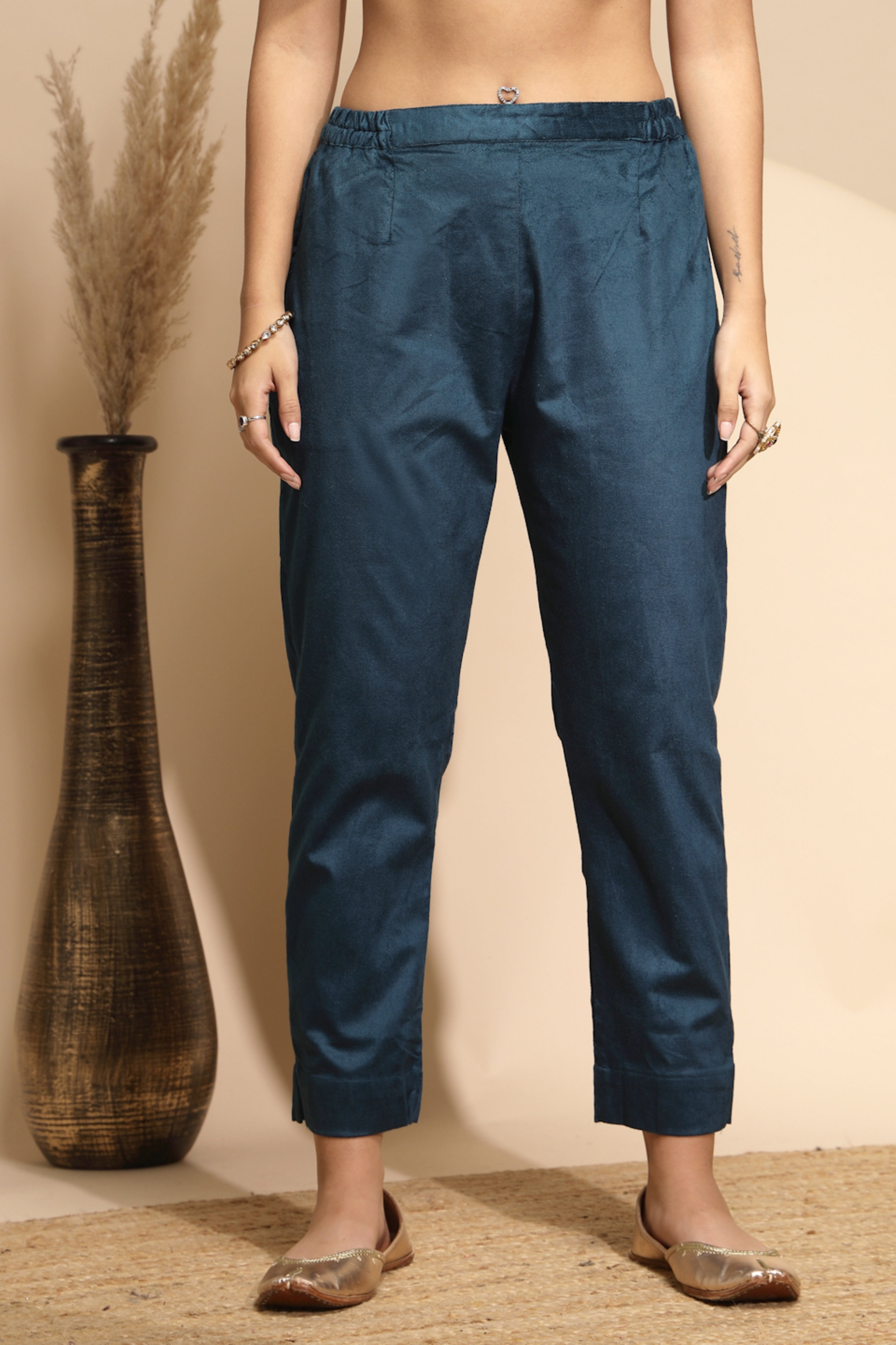 Blue Wool Blend Solid Pant