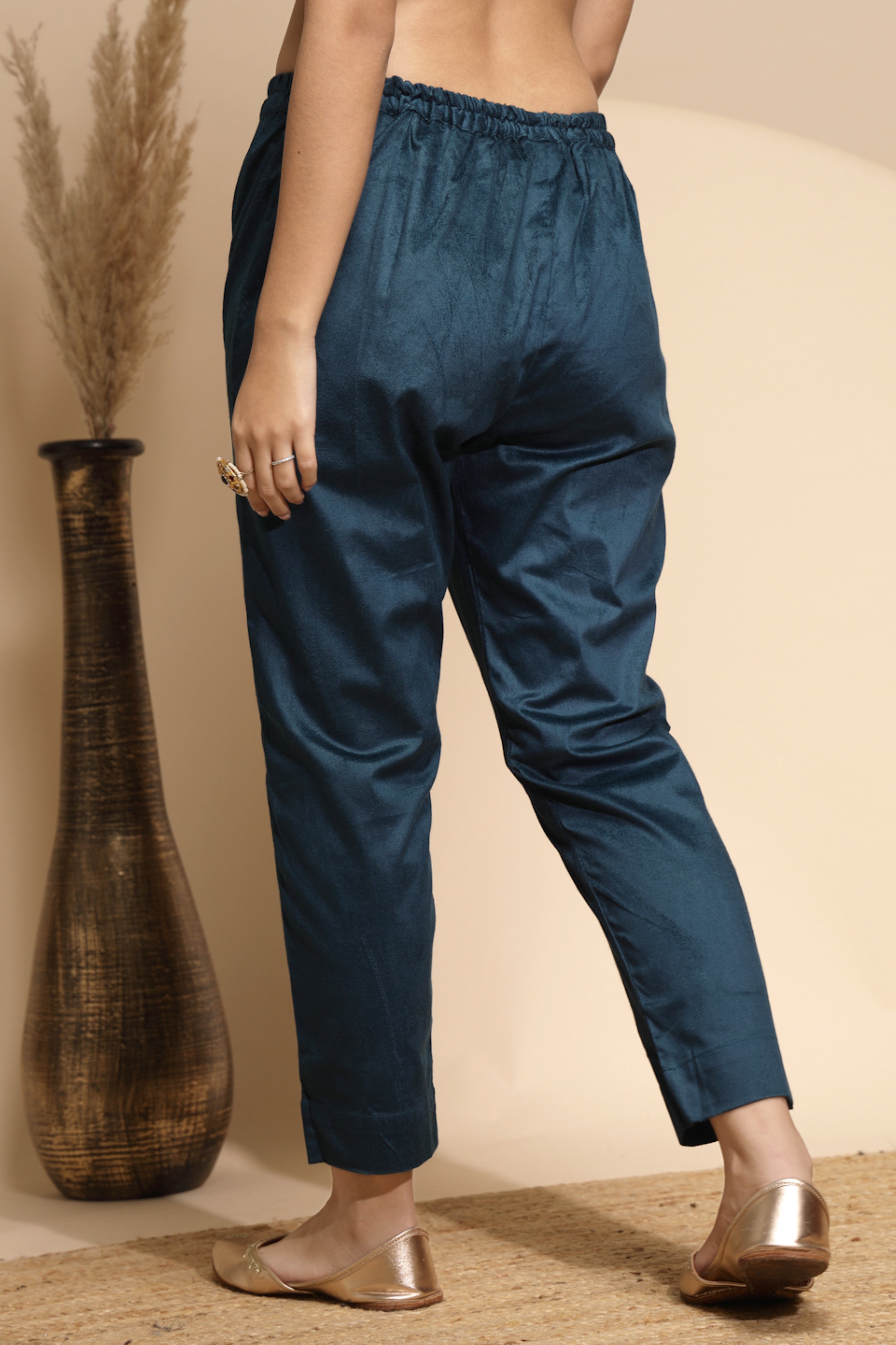 Blue Wool Blend Solid Pant