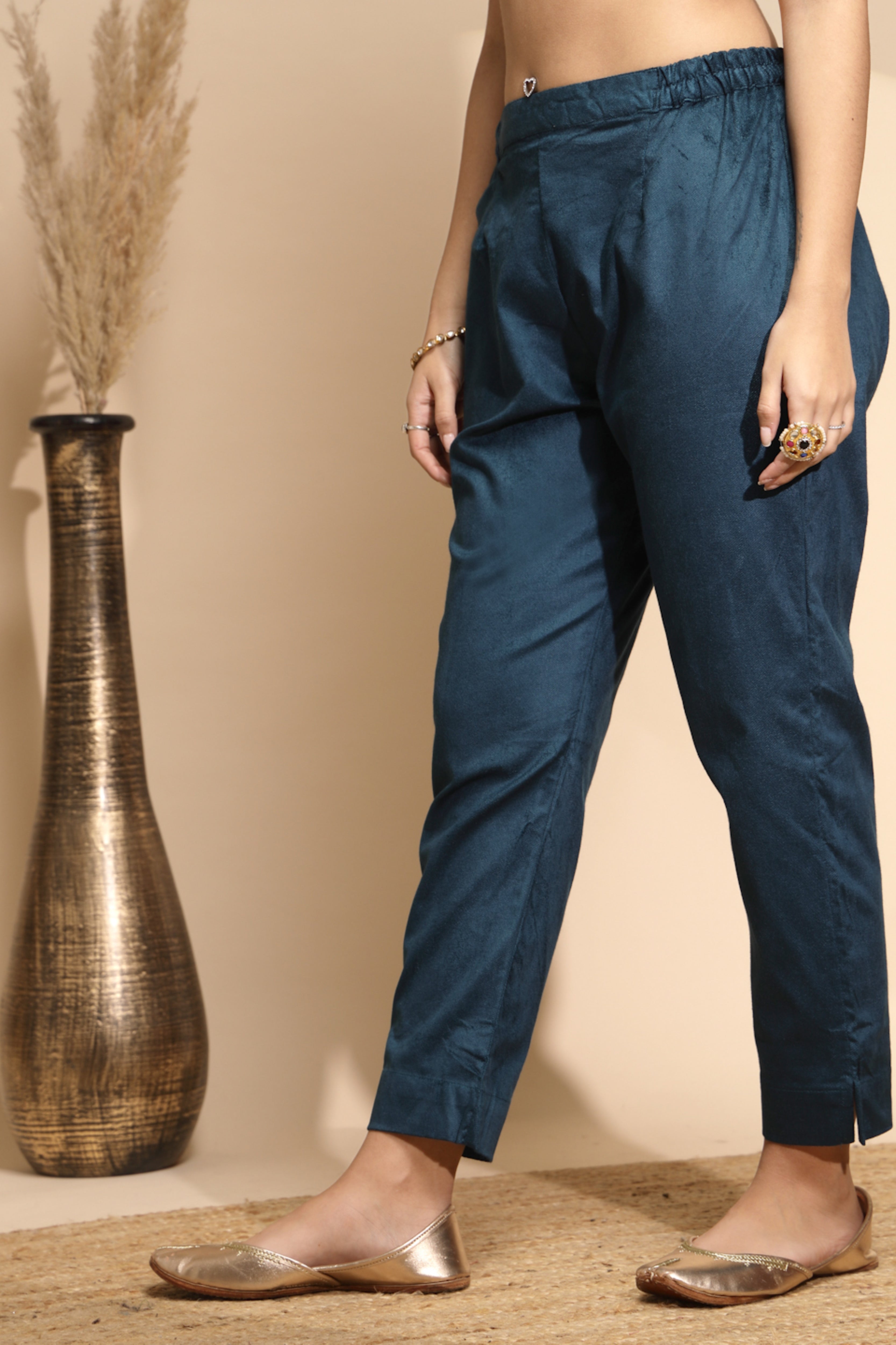 Blue Wool Blend Solid Pant