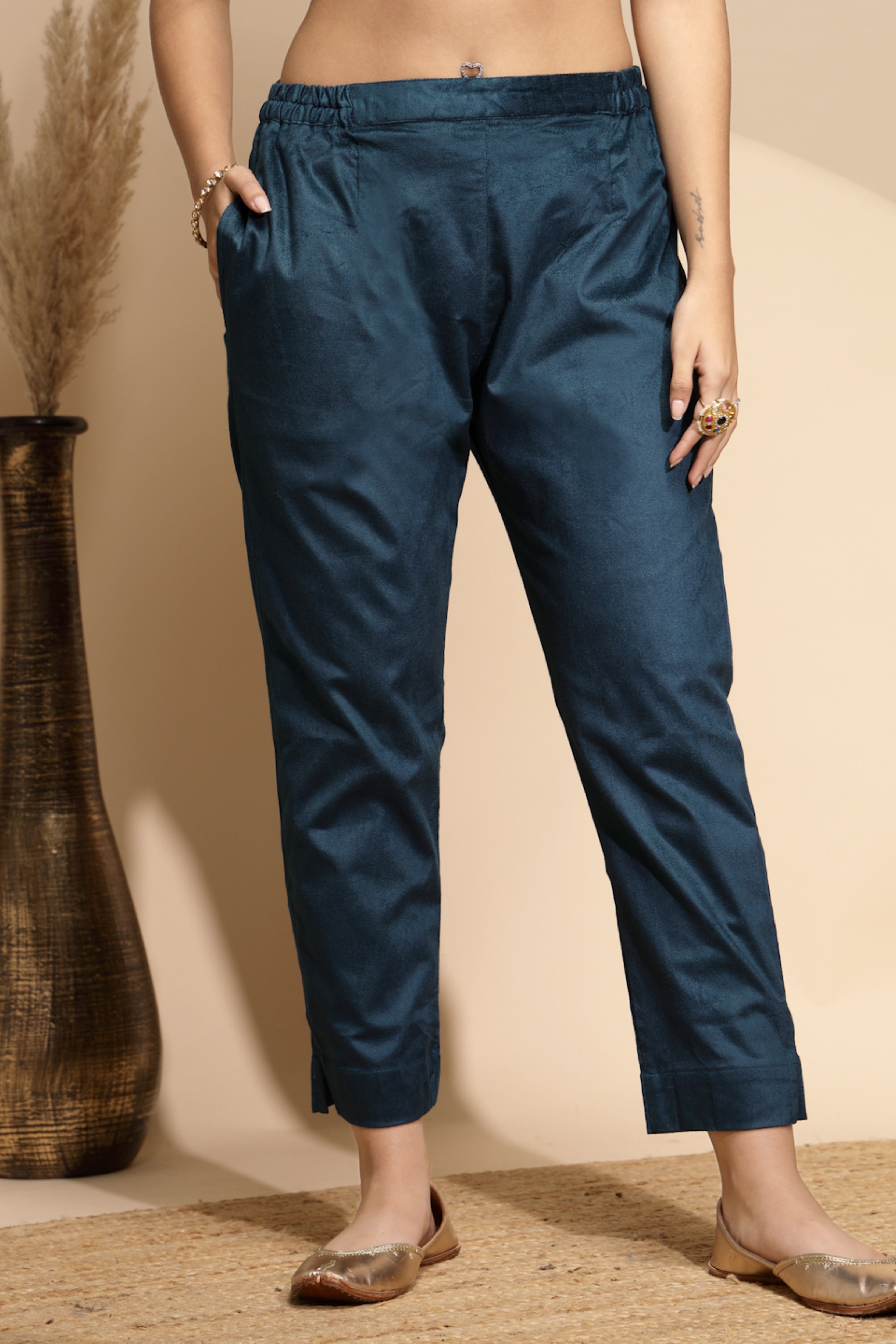 Blue Wool Blend Solid Pant