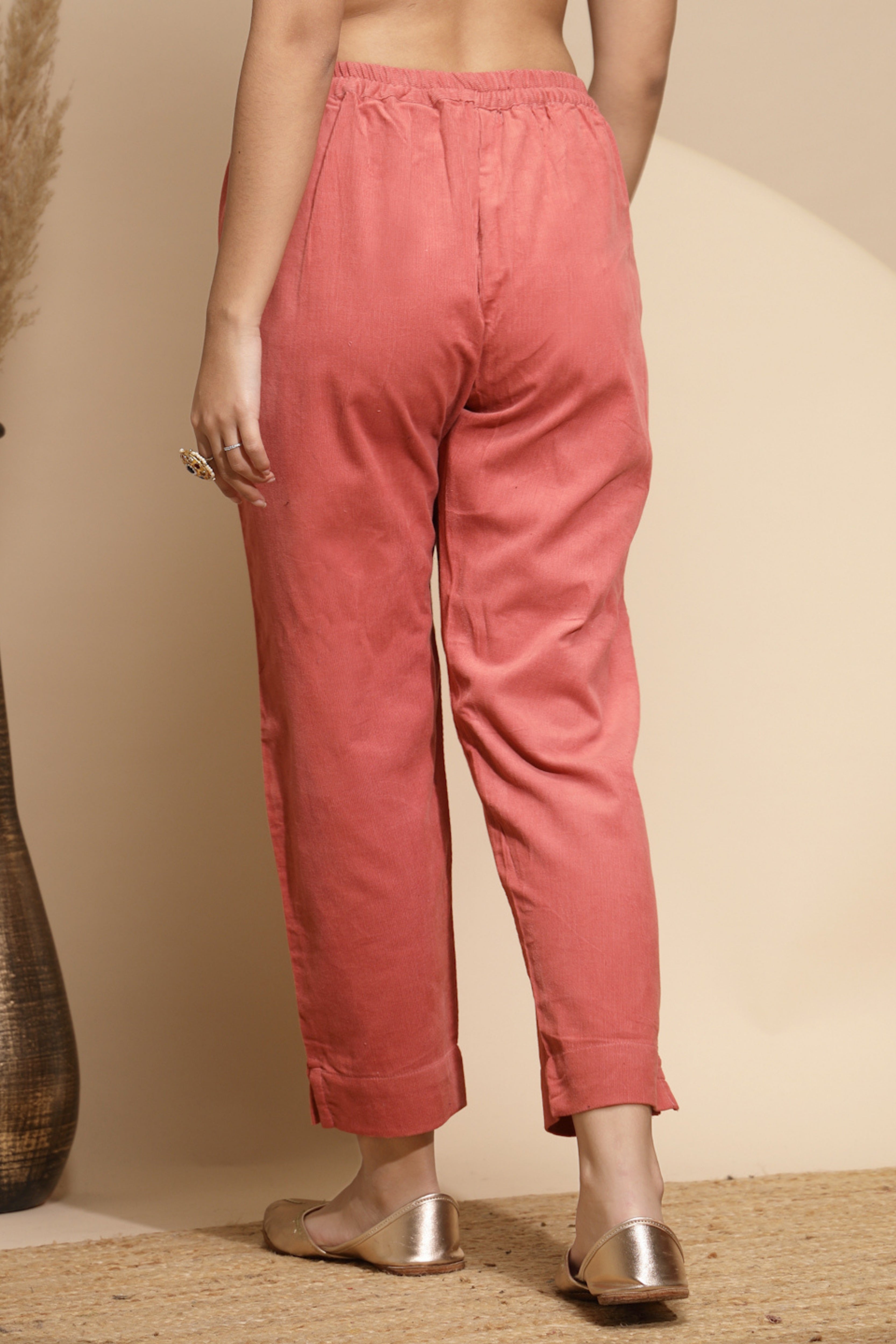 Peach Solid Wool Blend Pant