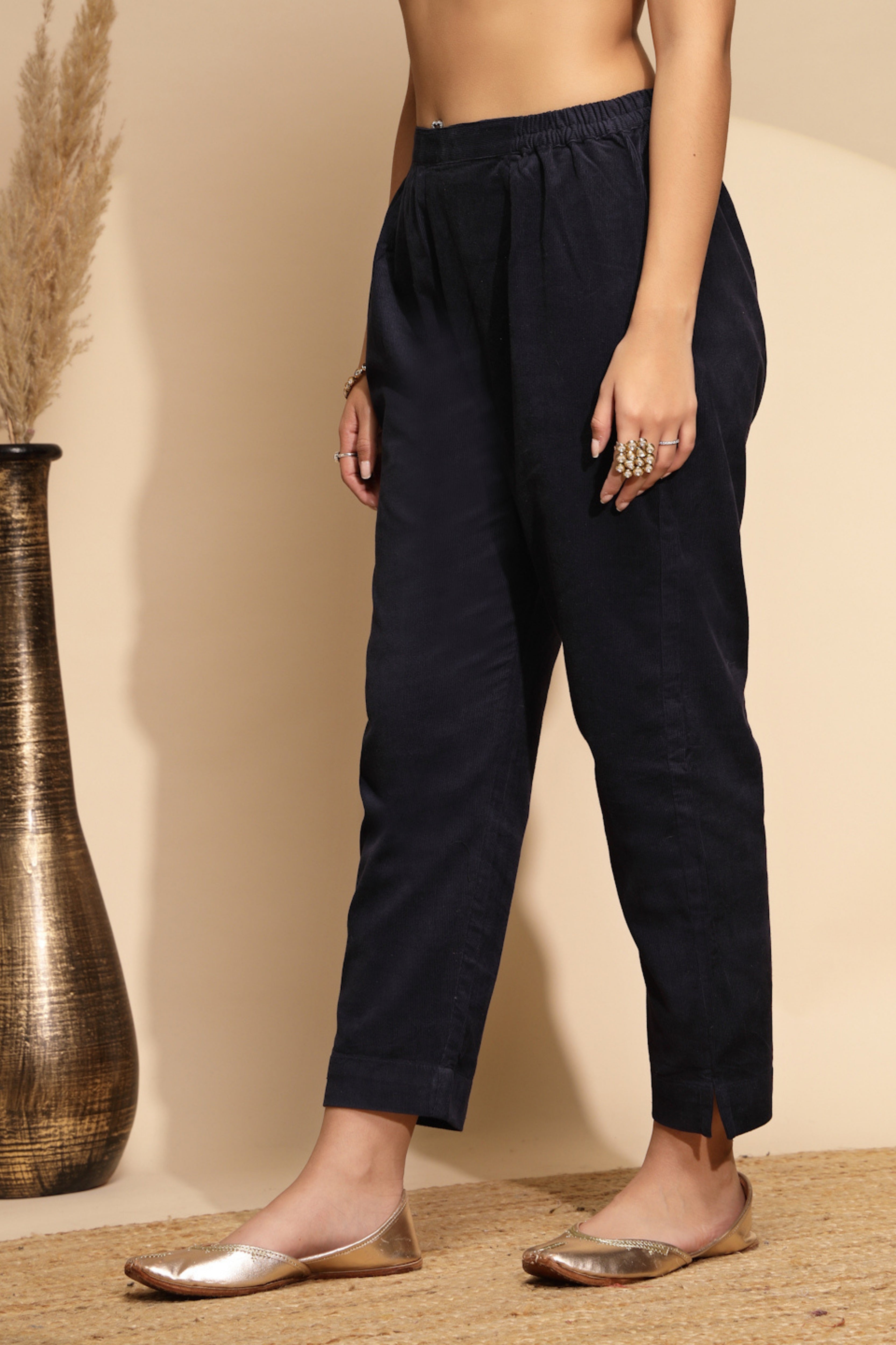 Blue Solid Wool Blend Pant