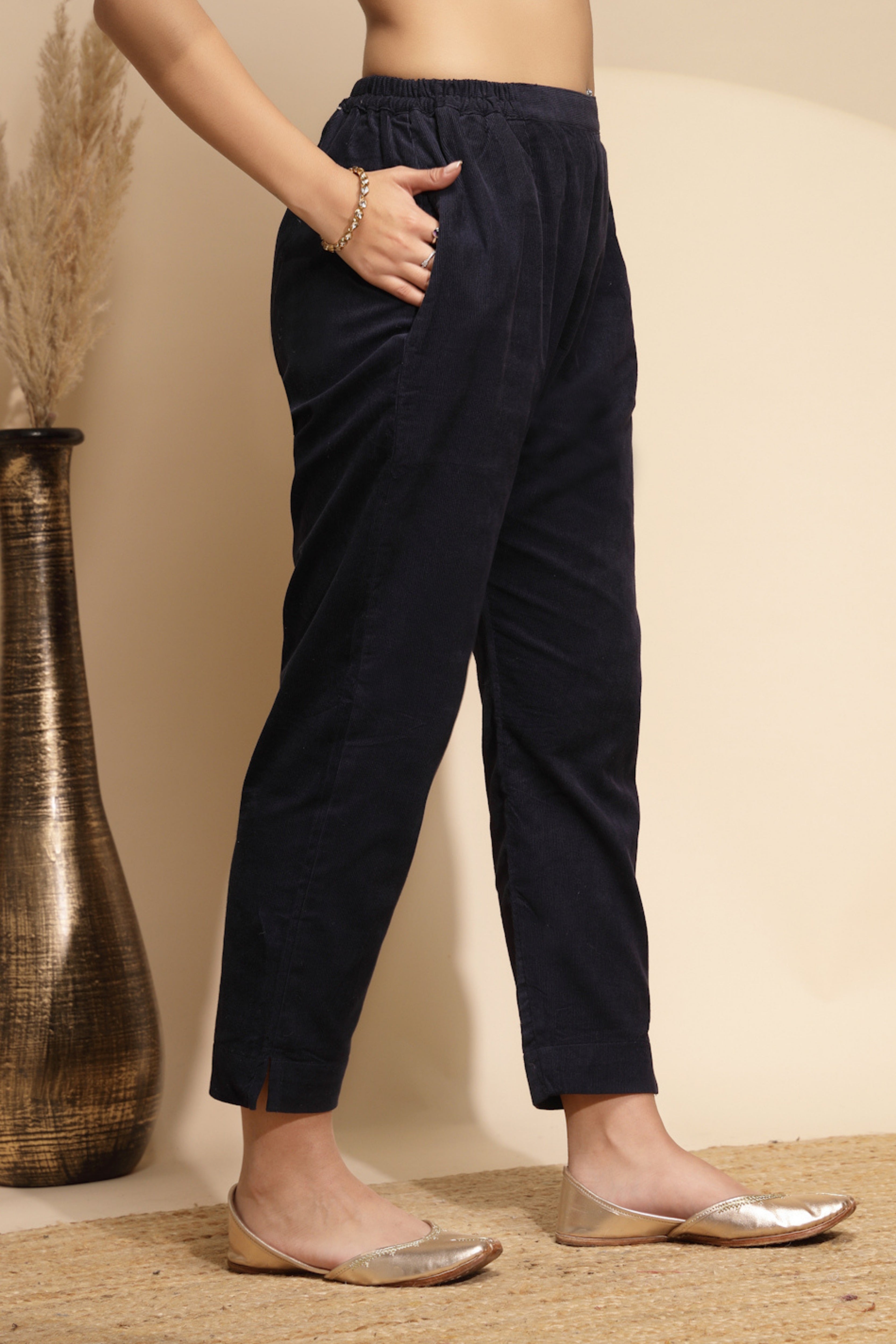 Blue Solid Wool Blend Pant