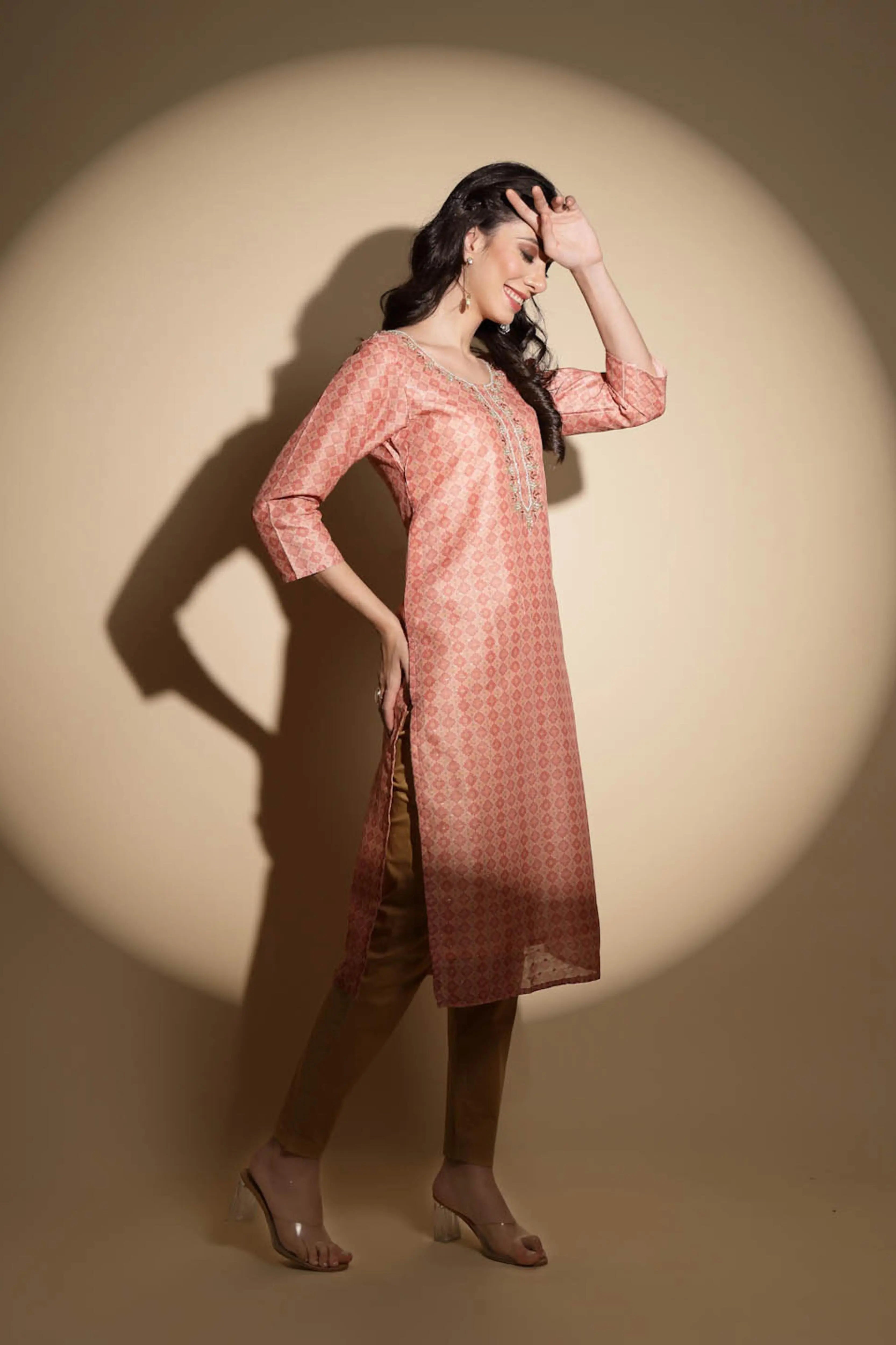 Peach Embroidered Muslin Kurta