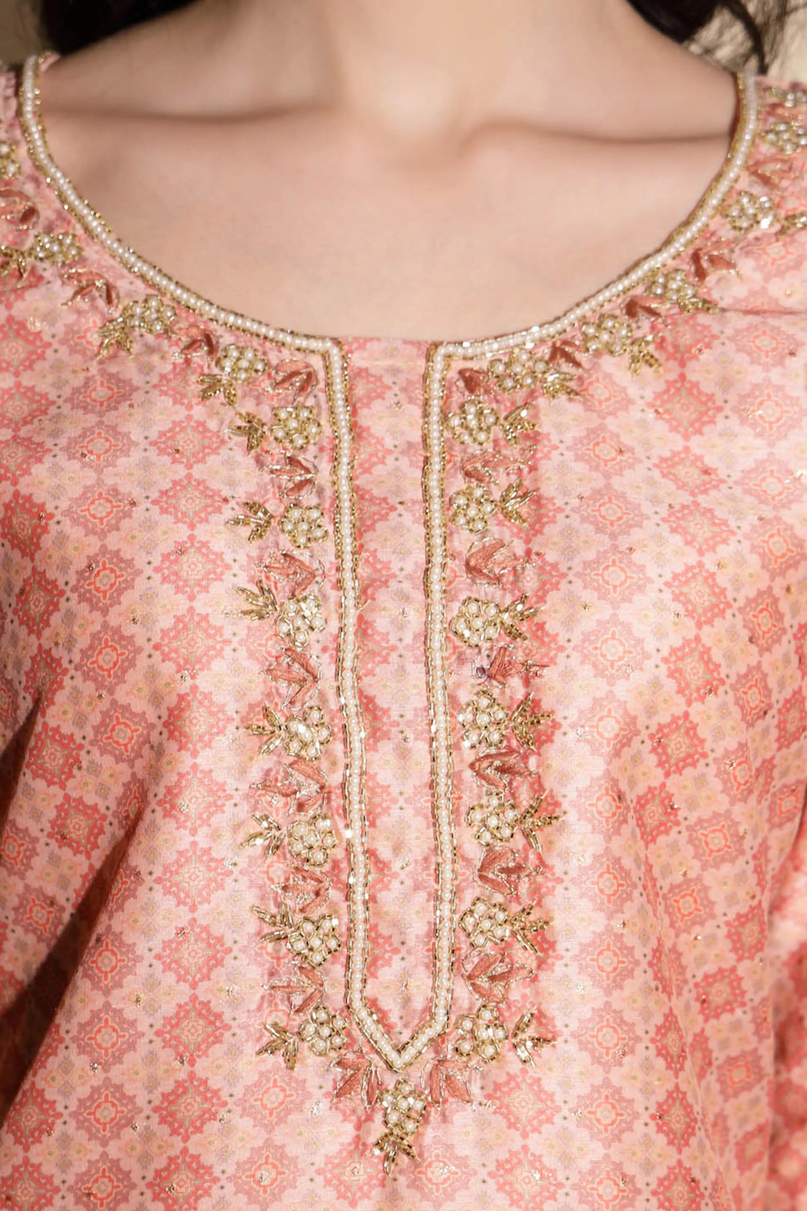 Peach Embroidered Muslin Kurta
