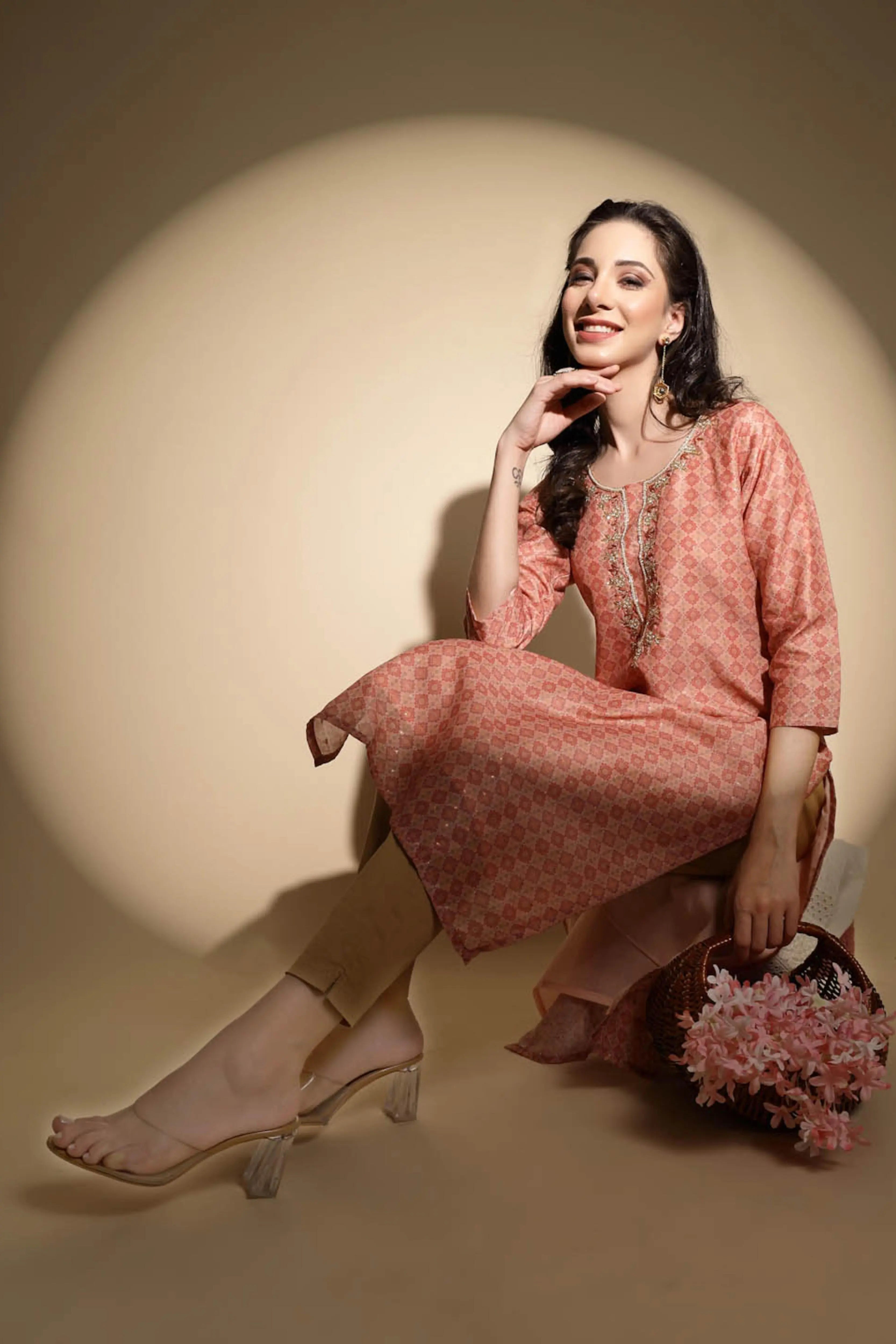 Peach Embroidered Muslin Kurta