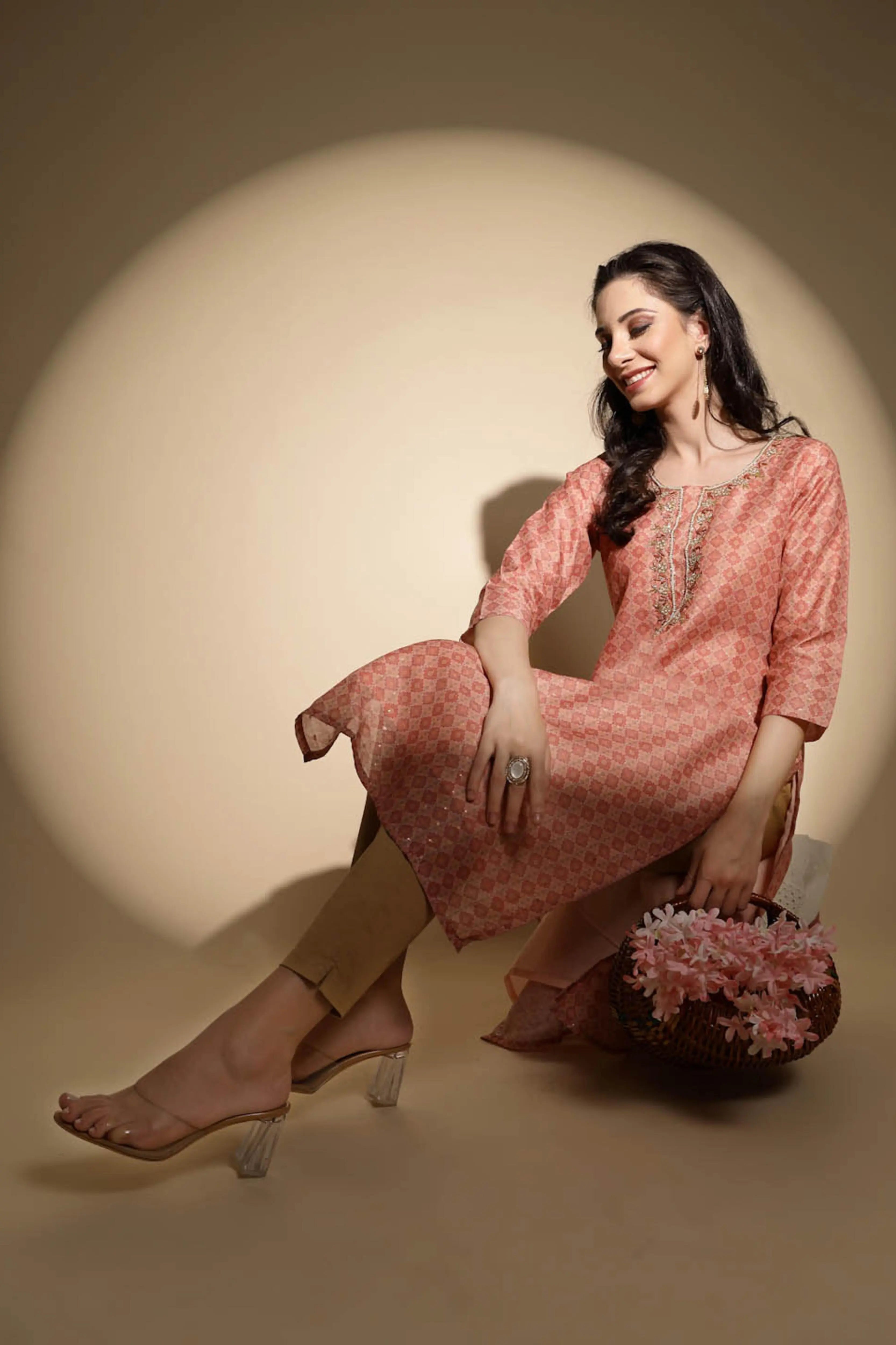 Peach Embroidered Muslin Kurta