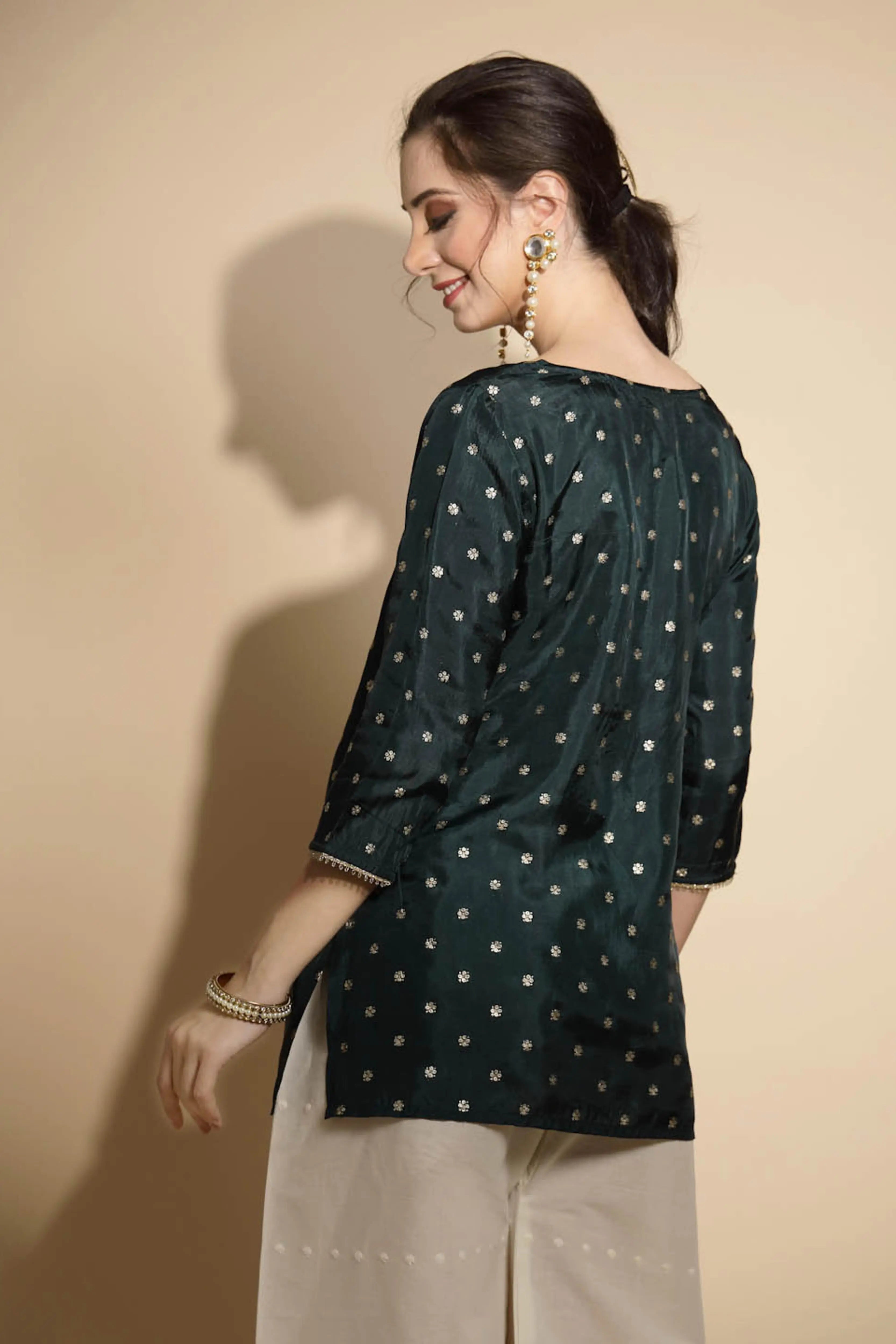 Green Embroidered Satin Tunic - Global Republic