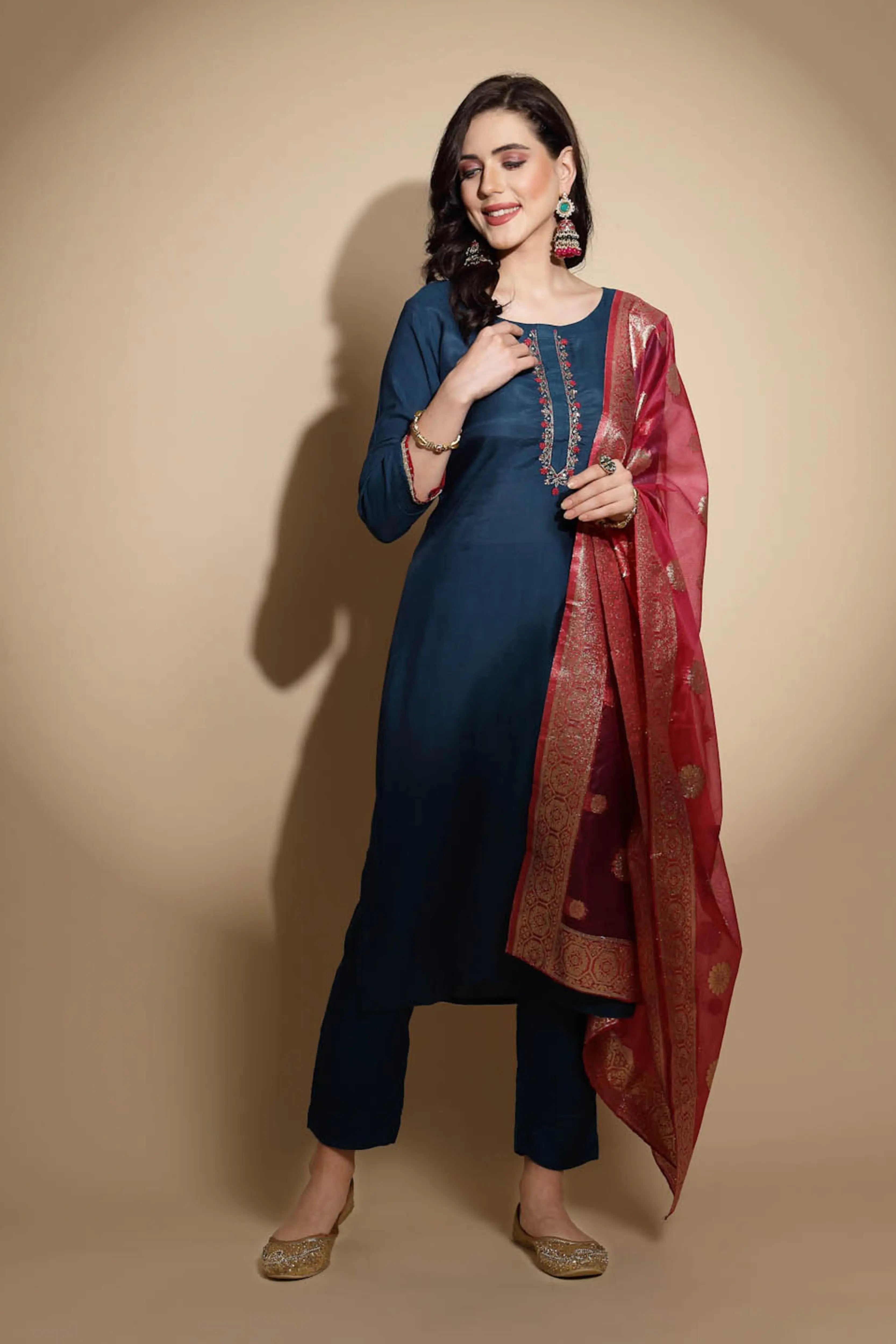 Teal Embroidered Cotton Suit Set - Global Republic