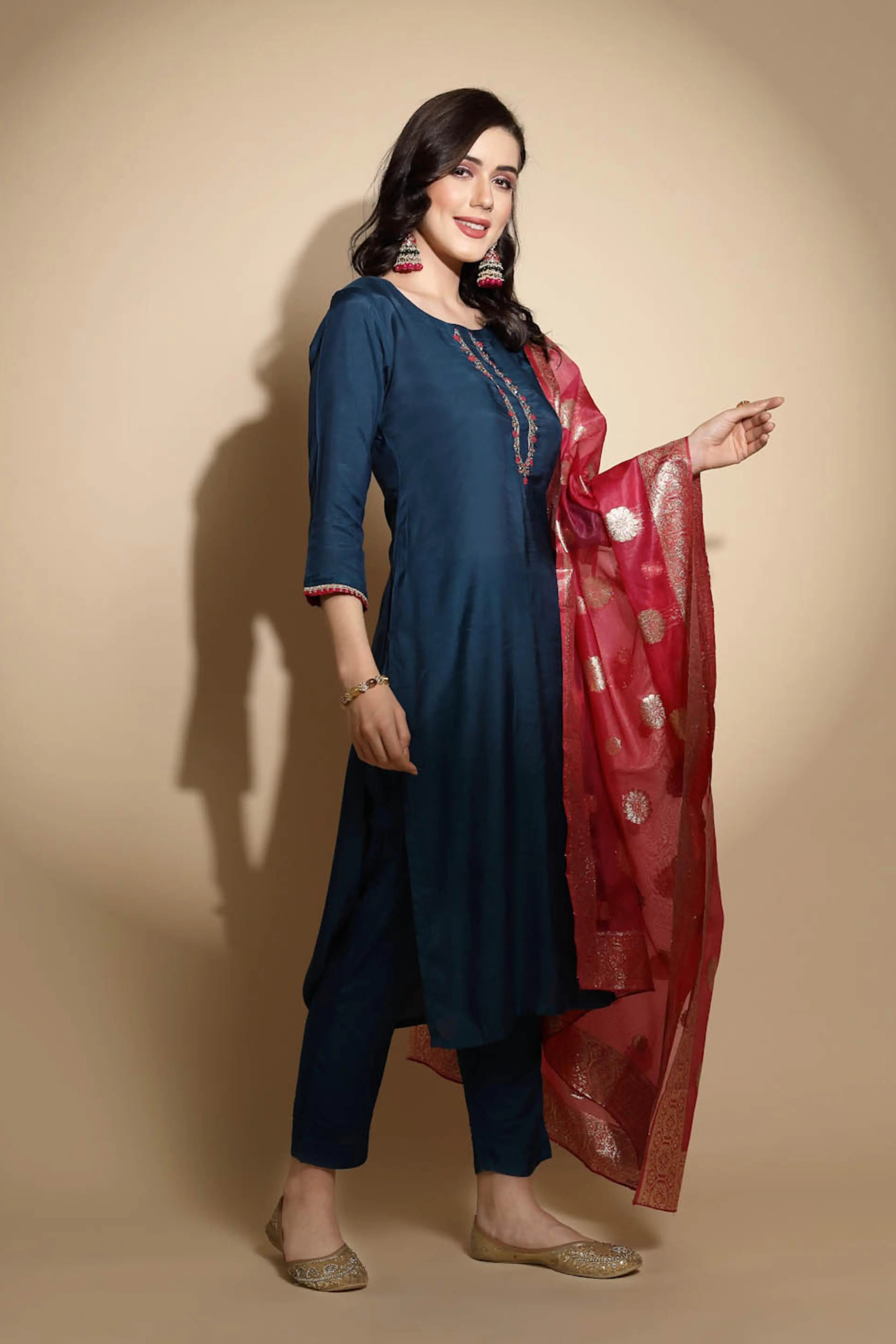 Teal Embroidered Cotton Suit Set - Global Republic
