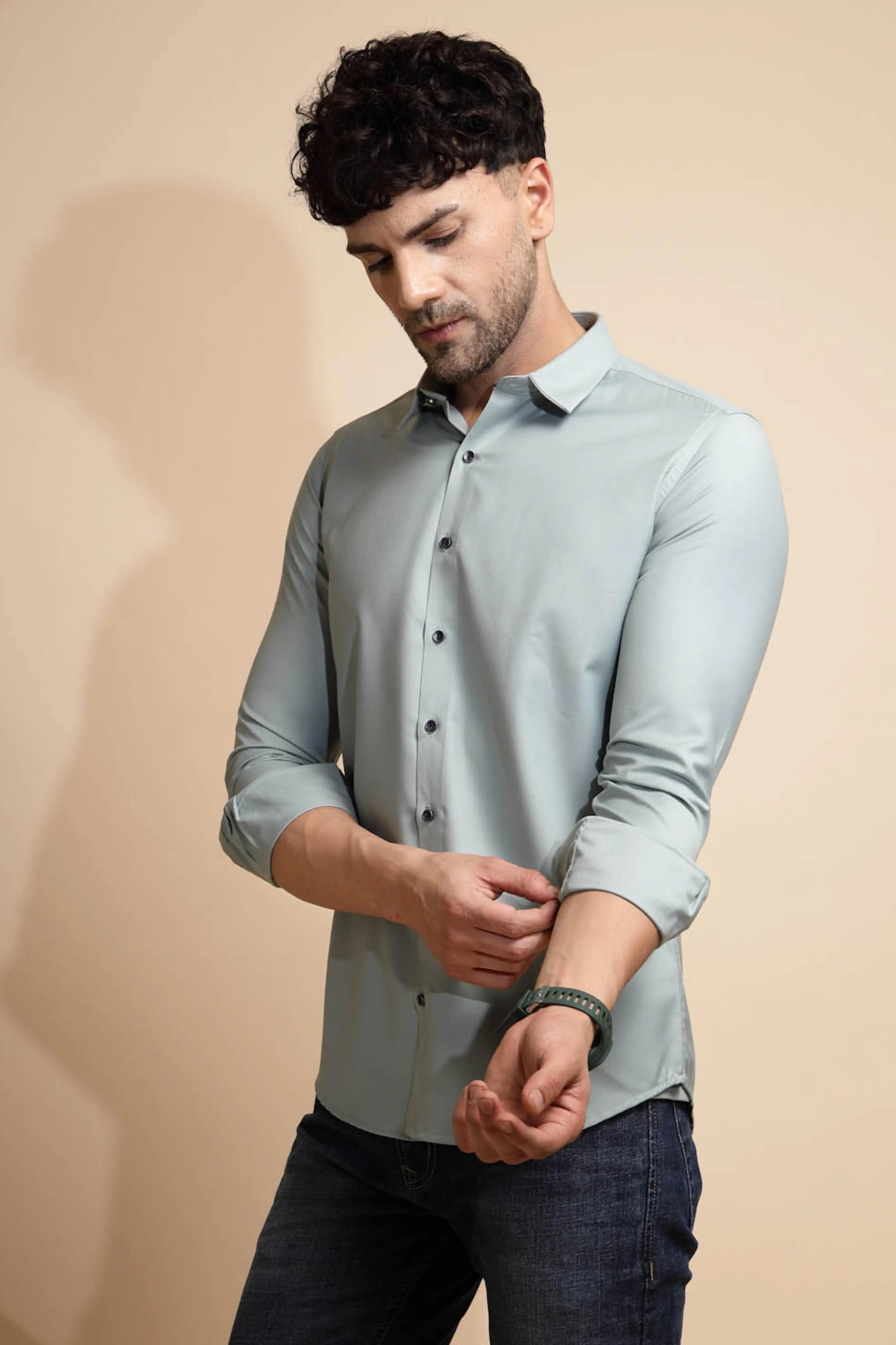 Blue Solid Cotton Blend Shirt - Global Republic