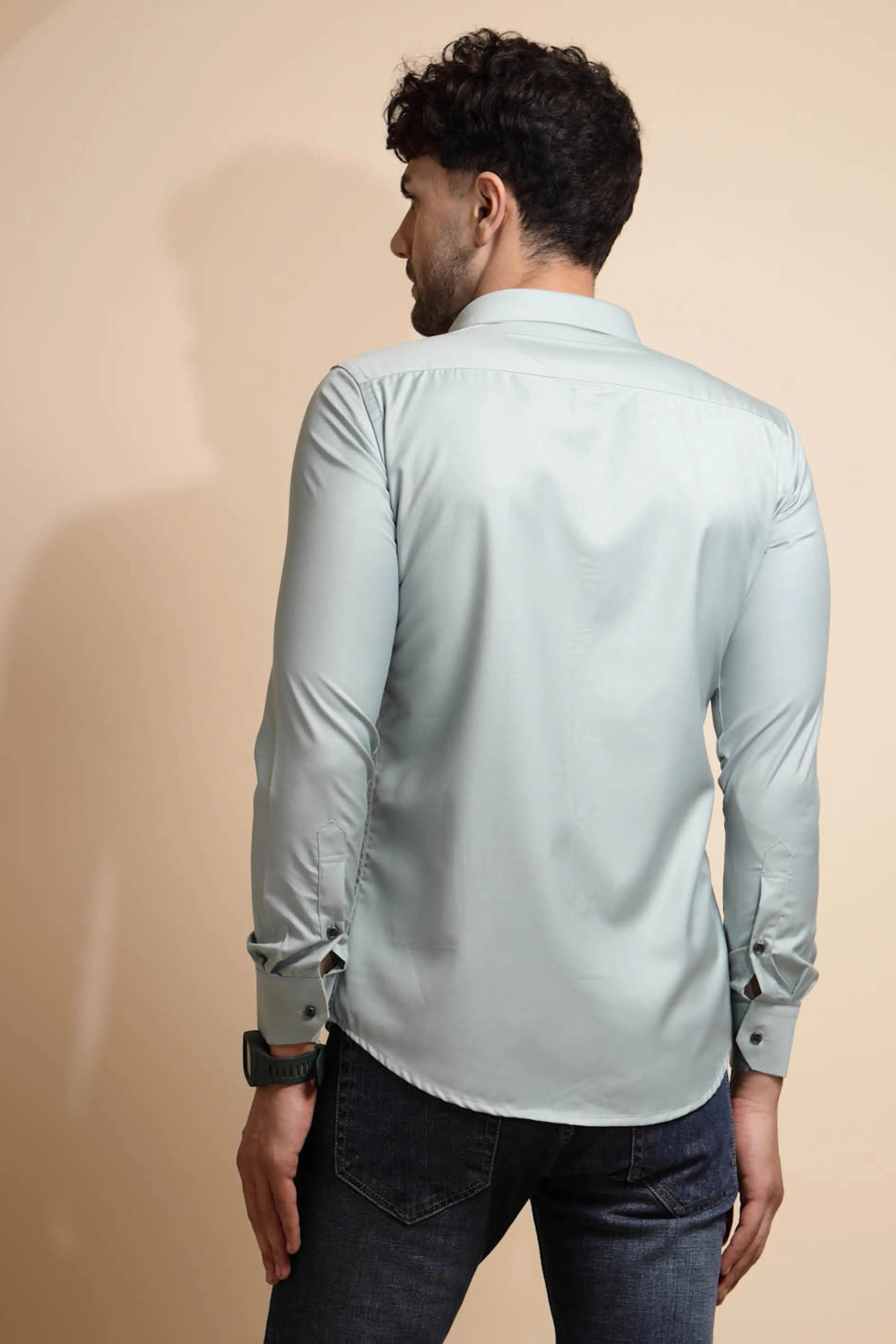 Blue Solid Cotton Blend Shirt - Global Republic