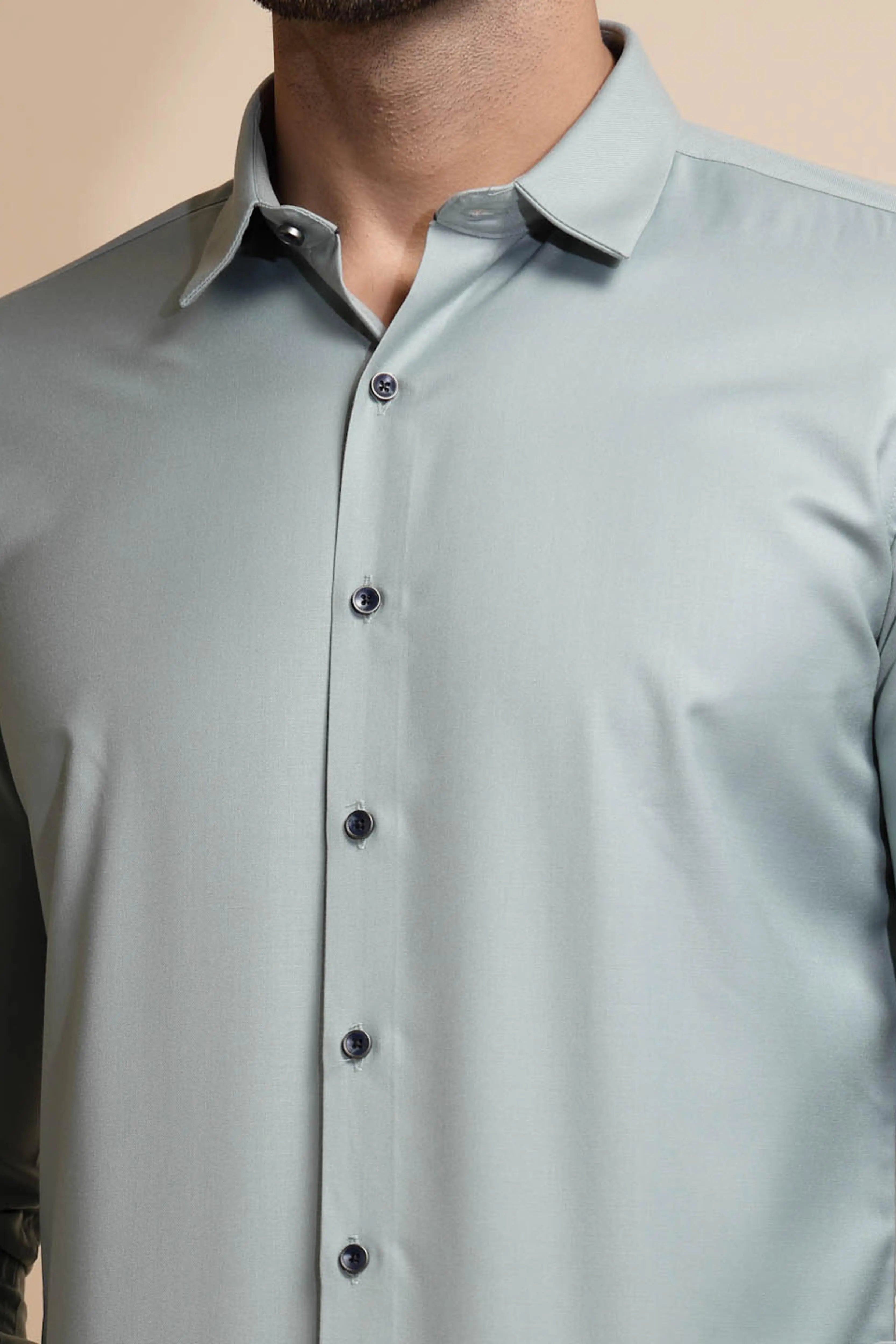 Blue Solid Cotton Blend Shirt - Global Republic