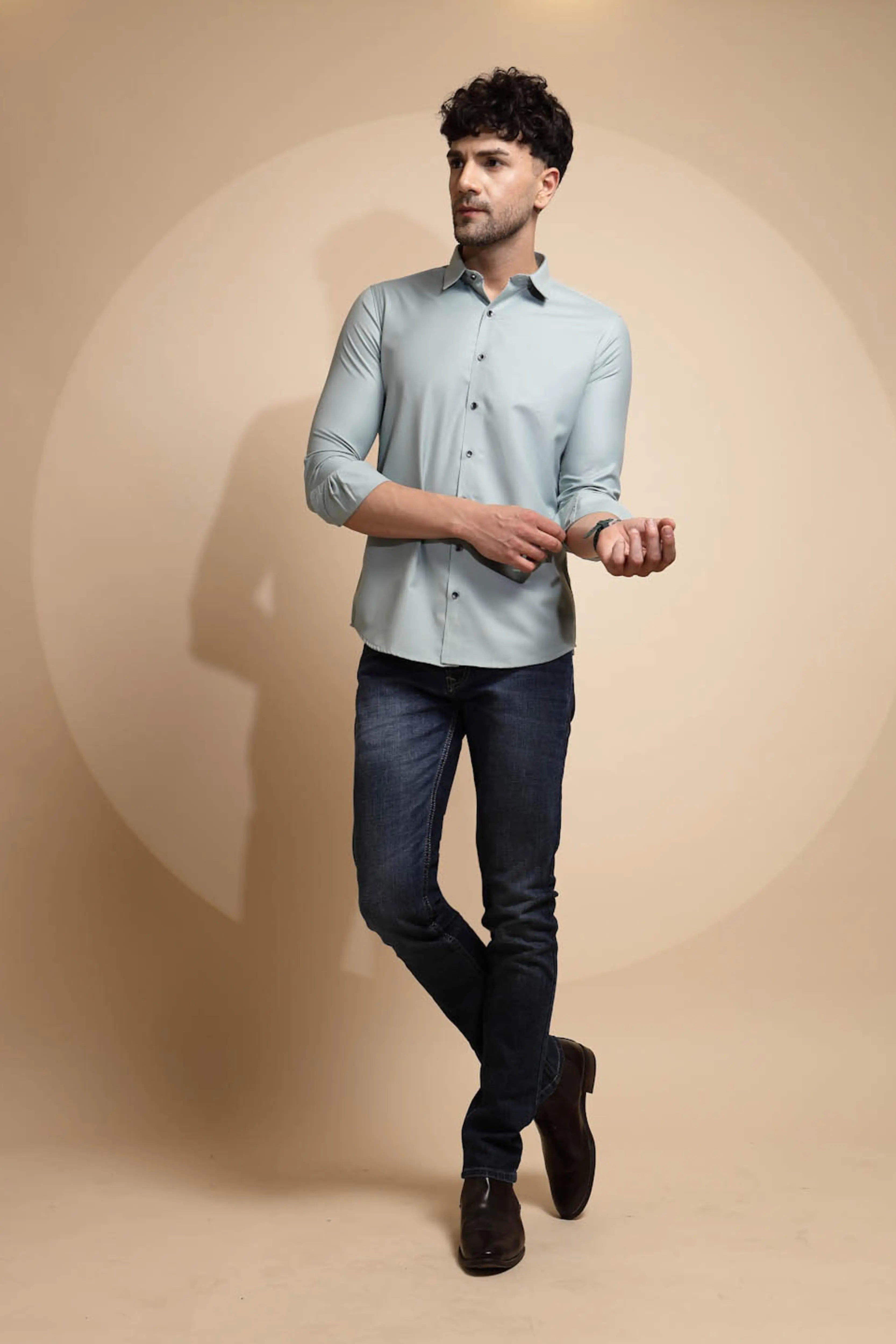 Blue Solid Cotton Blend Shirt - Global Republic