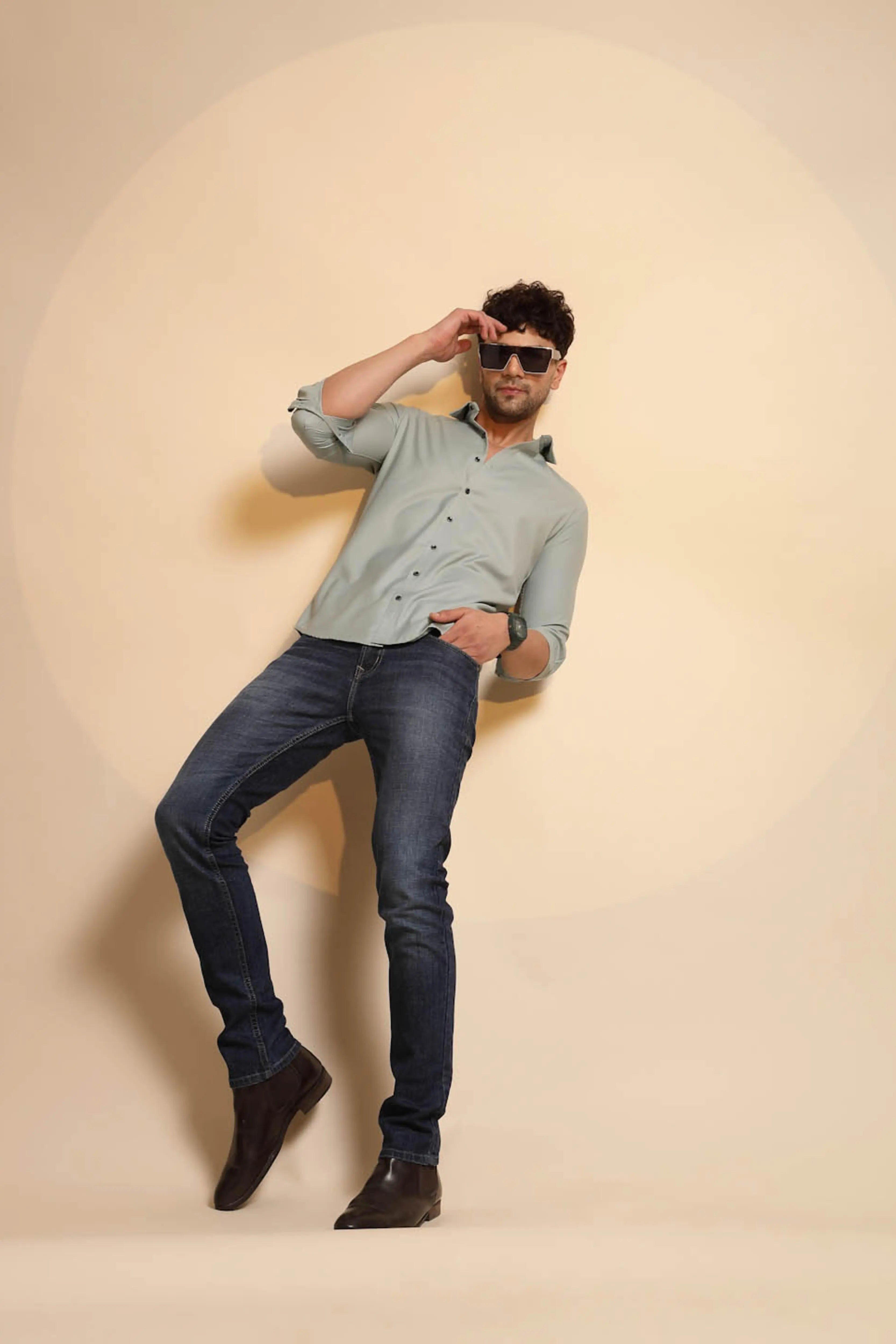 Blue Solid Cotton Blend Shirt - Global Republic