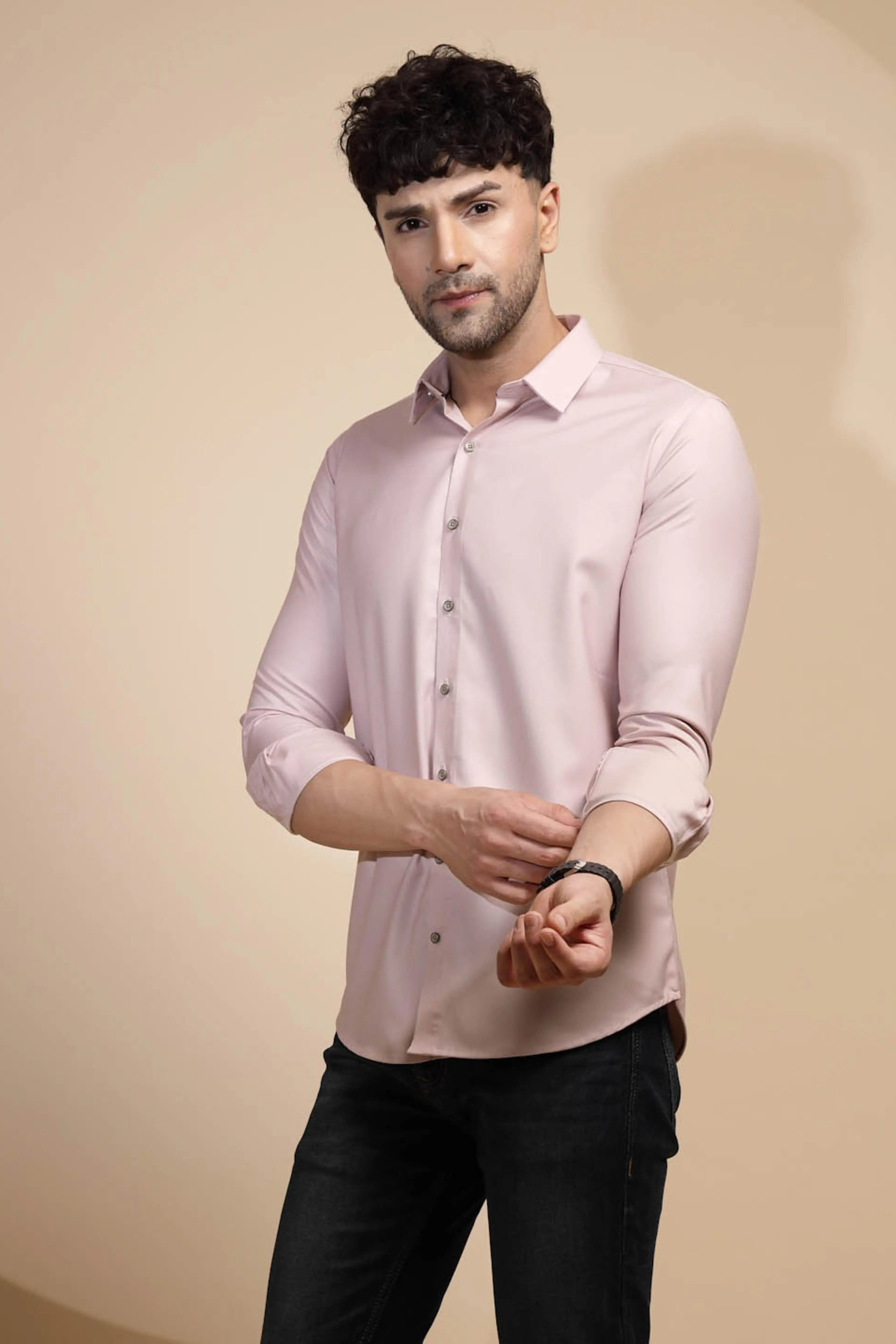 Pink Solid Full Sleeve Collared Neck Cotton Blend Shirt - Global Republic