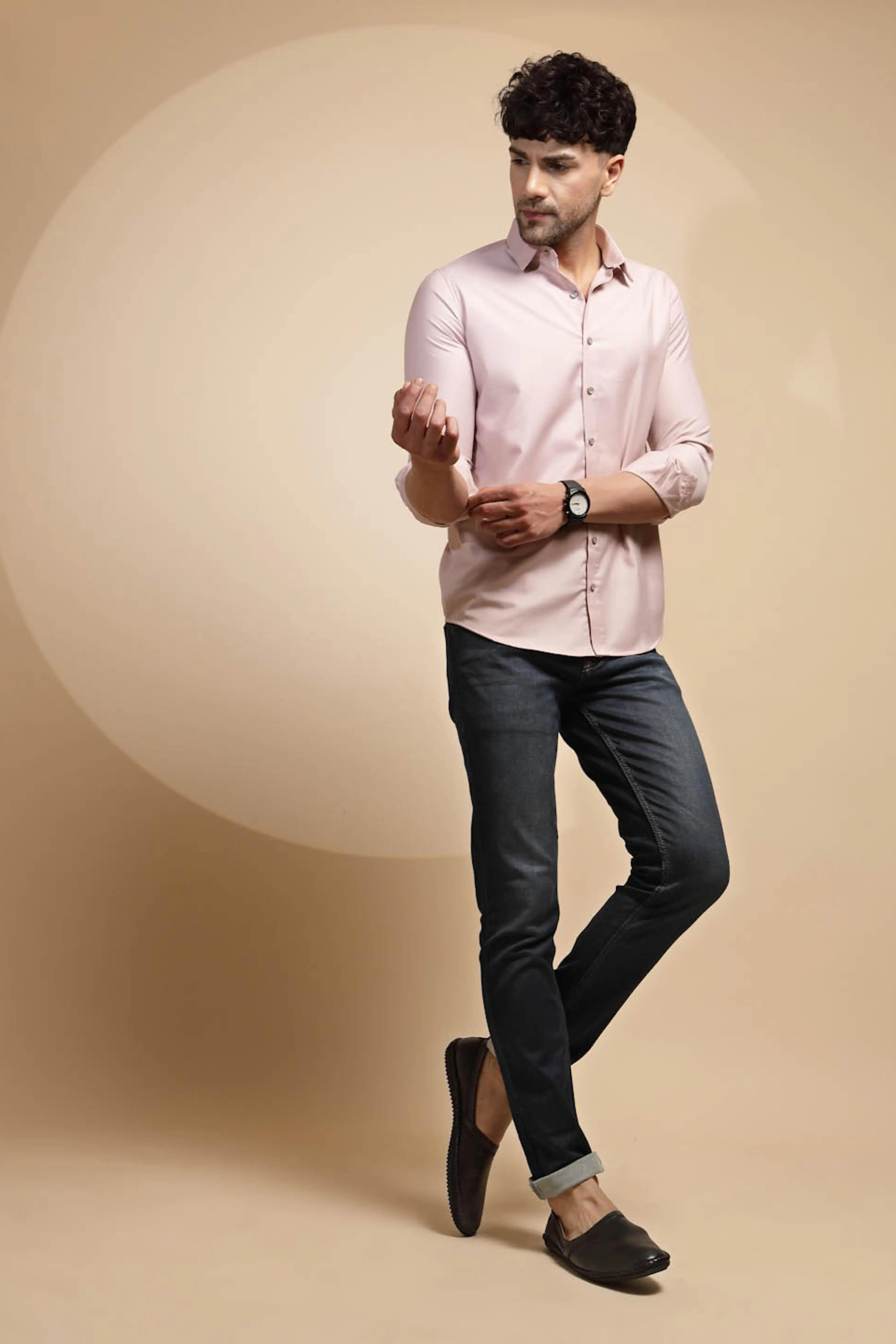 Pink Solid Full Sleeve Collared Neck Cotton Blend Shirt - Global Republic
