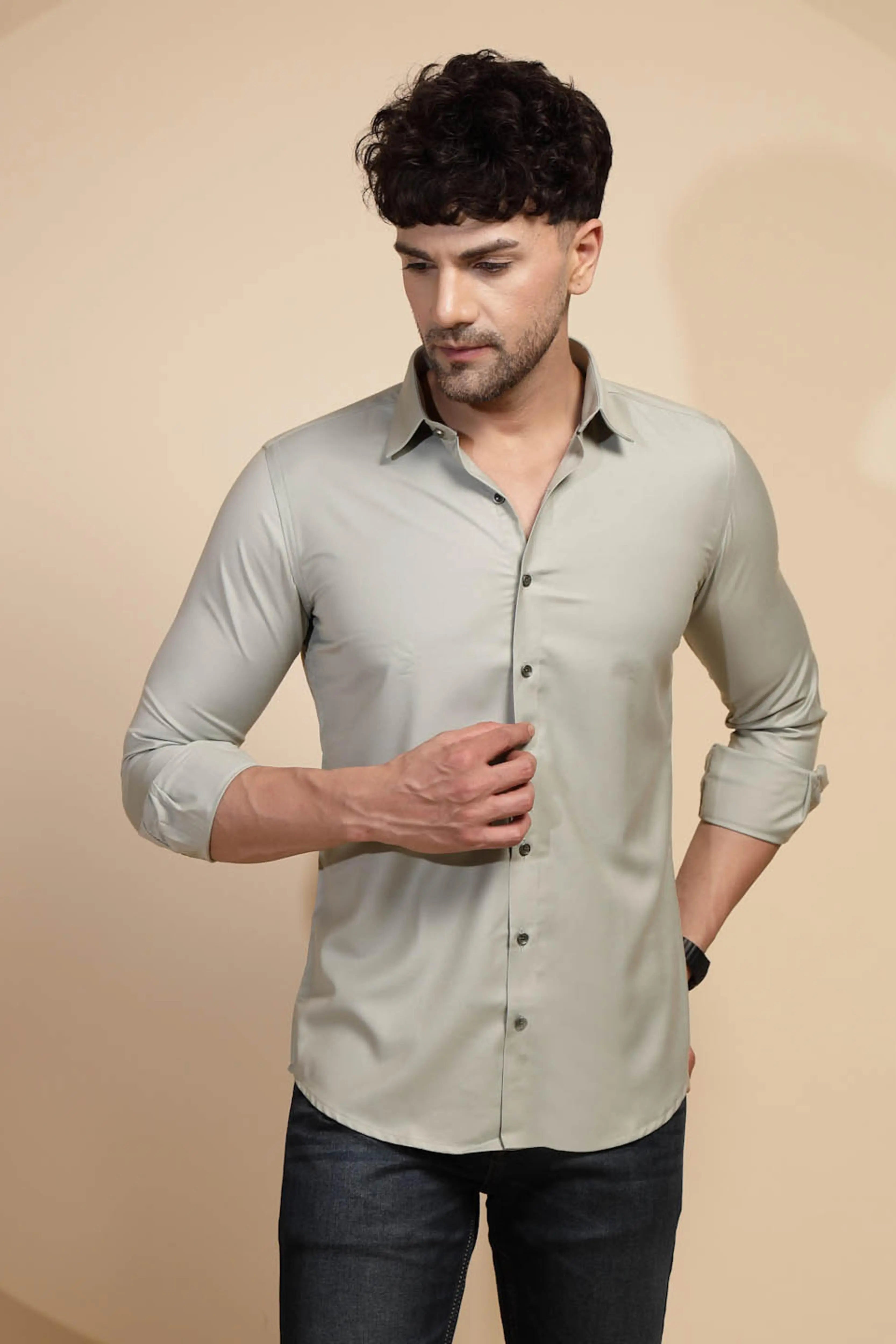 Grey Solid Cotton Blend Shirt - Global Republic