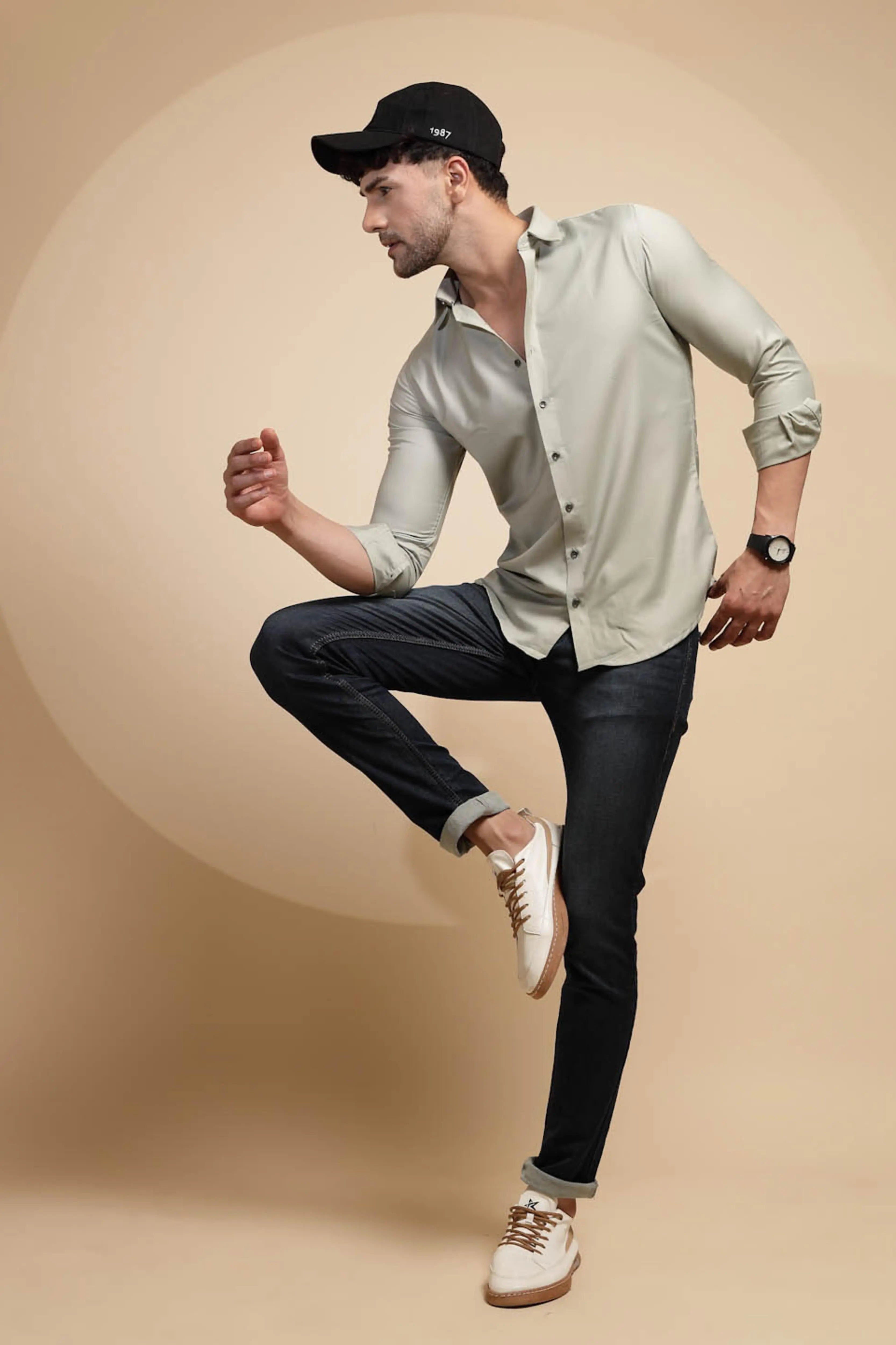 Grey Solid Cotton Blend Shirt