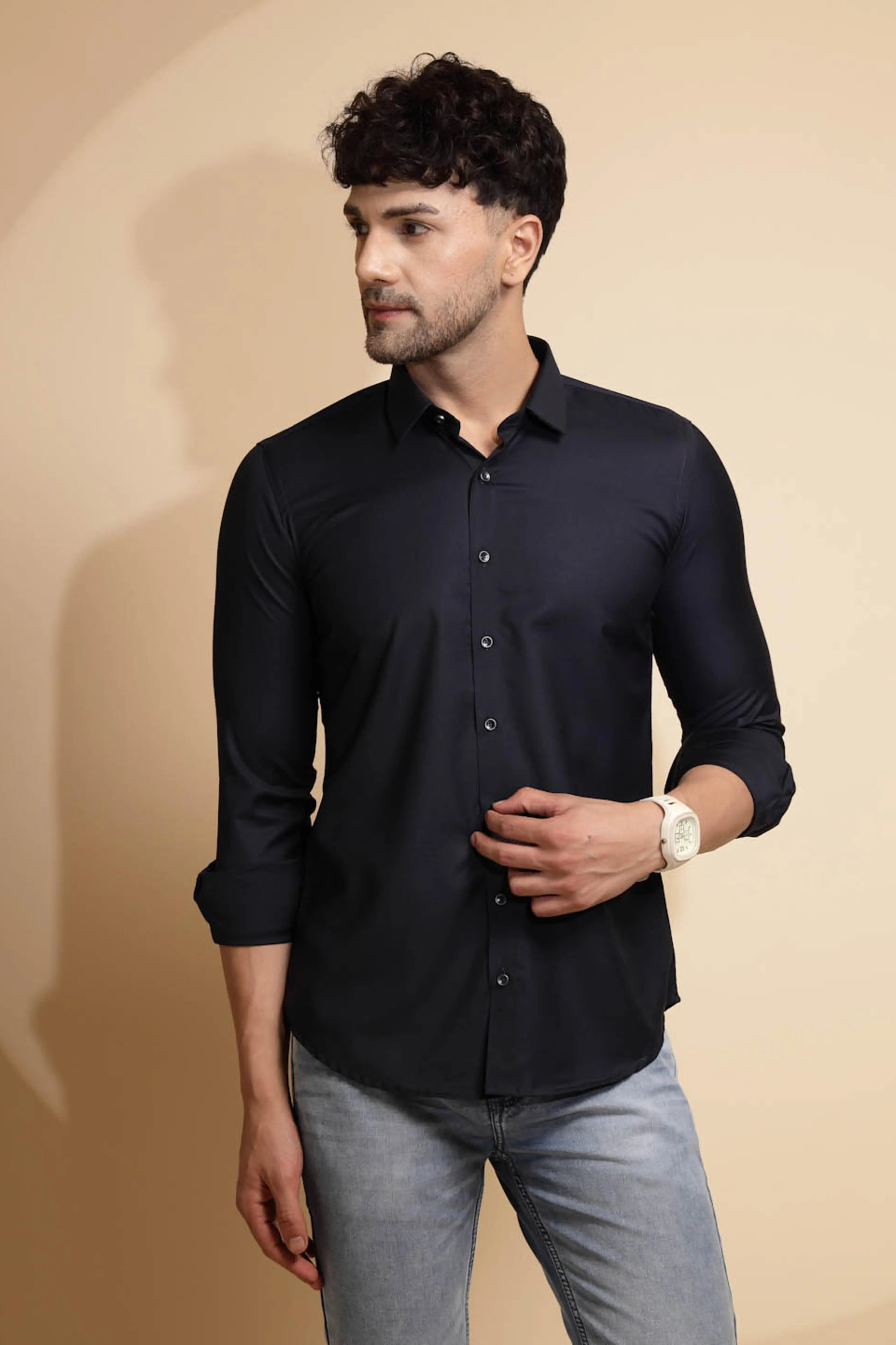 Blue Solid Full Sleeve Collar Neck Cotton Blend Shirt - Global Republic