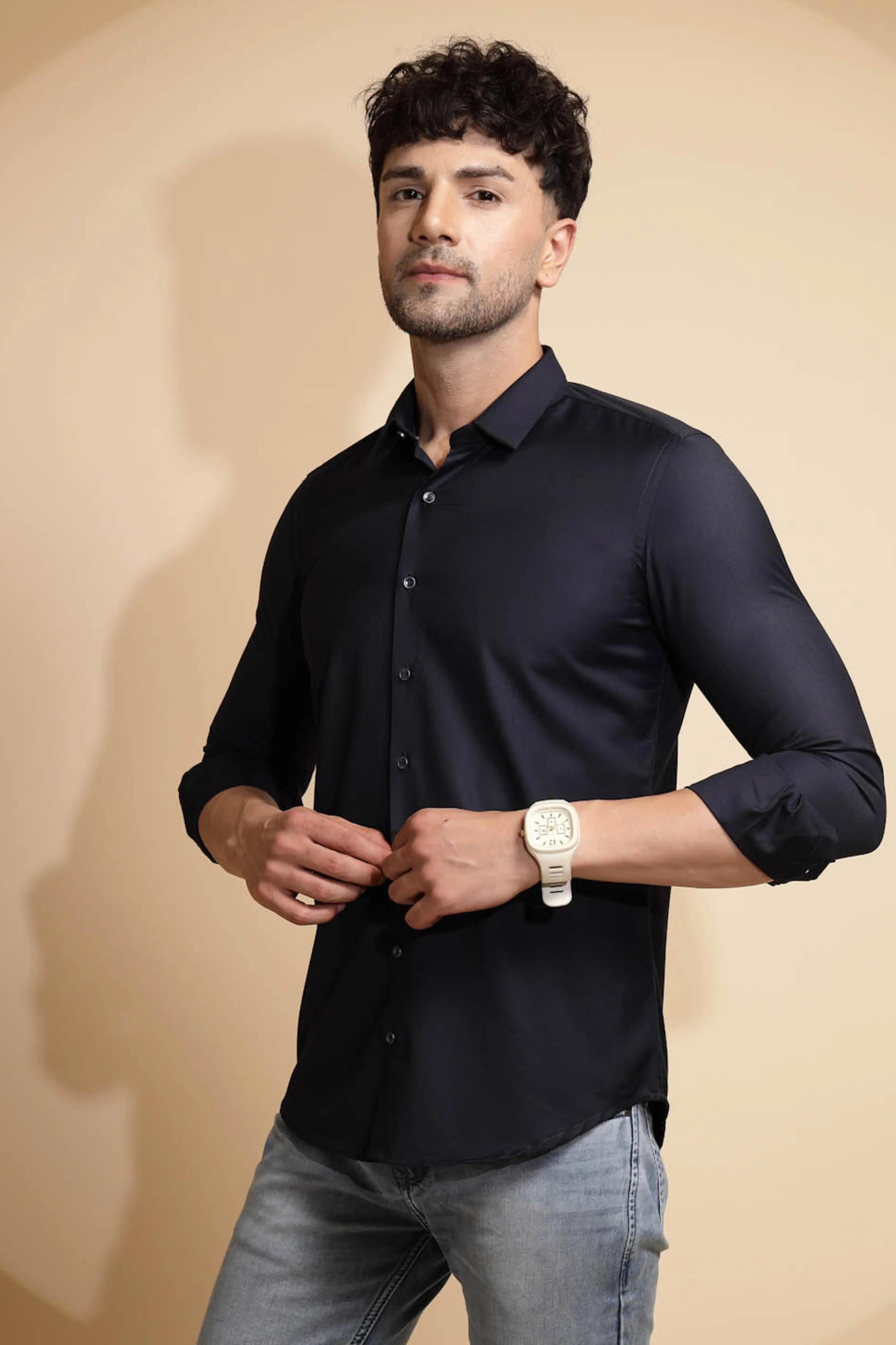 Blue Solid Full Sleeve Collar Neck Cotton Blend Shirt - Global Republic