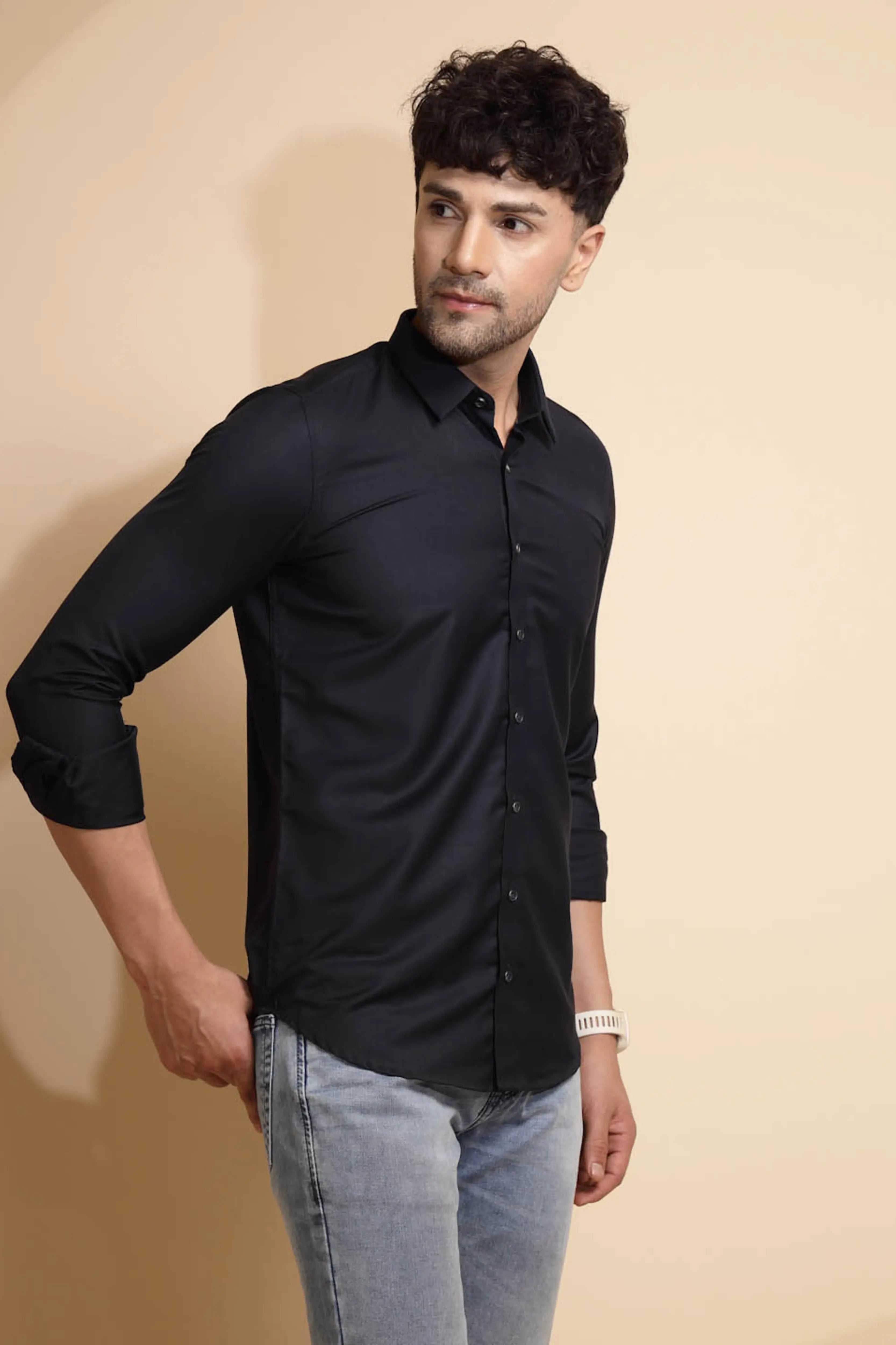 Blue Solid Full Sleeve Collar Neck Cotton Blend Shirt - Global Republic