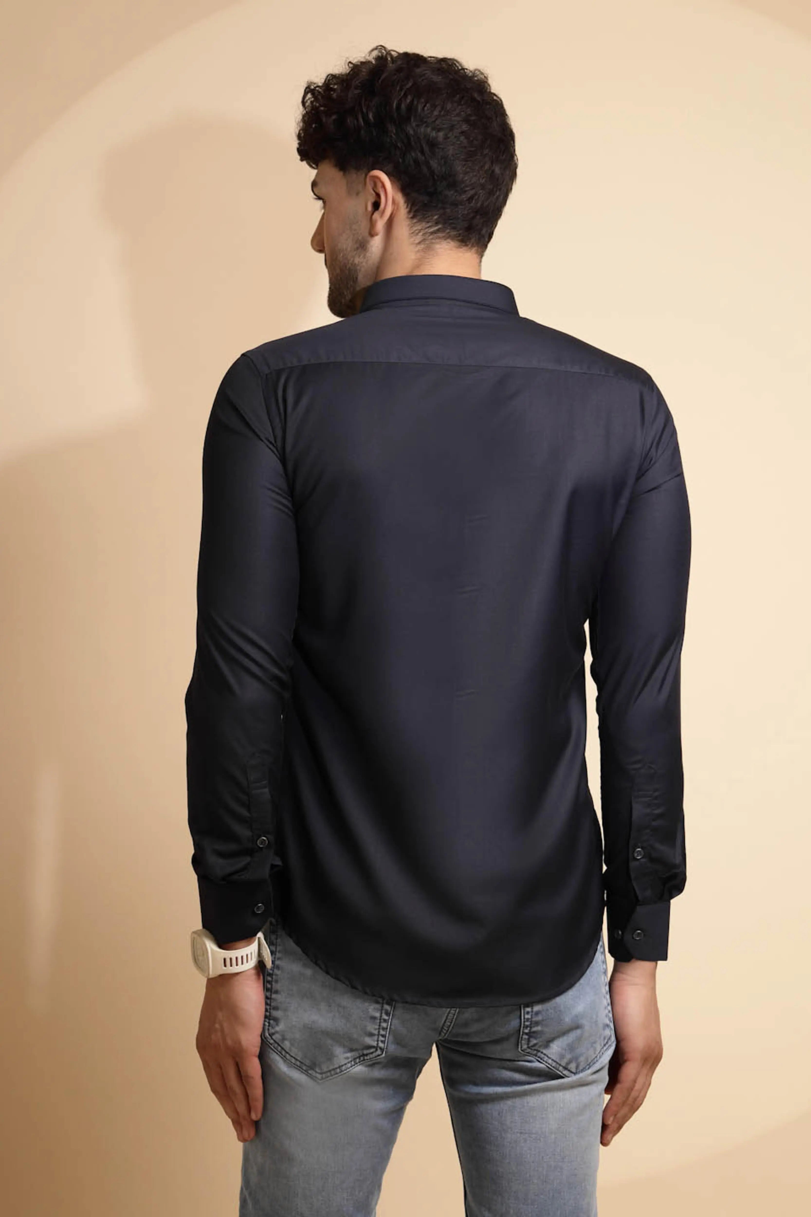 Blue Solid Full Sleeve Collar Neck Cotton Blend Shirt - Global Republic