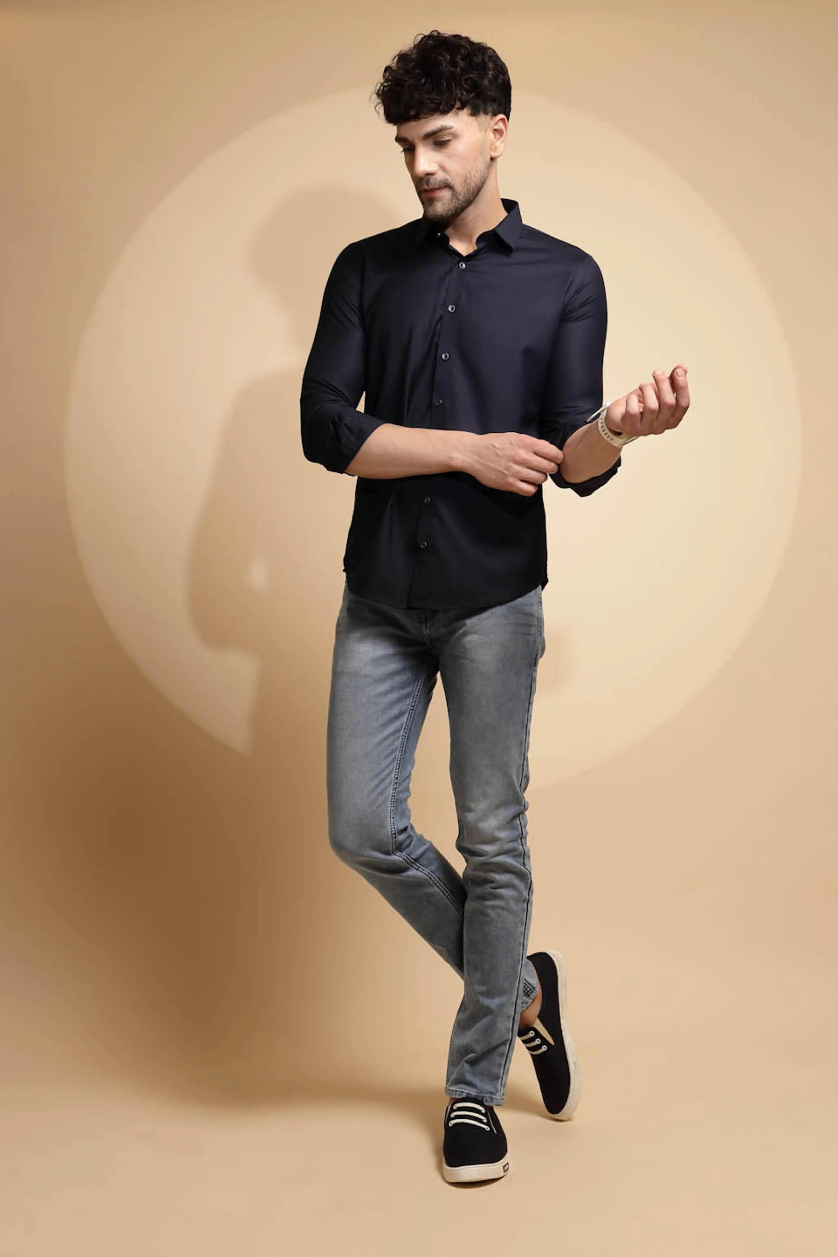 Blue Solid Full Sleeve Collar Neck Cotton Blend Shirt - Global Republic