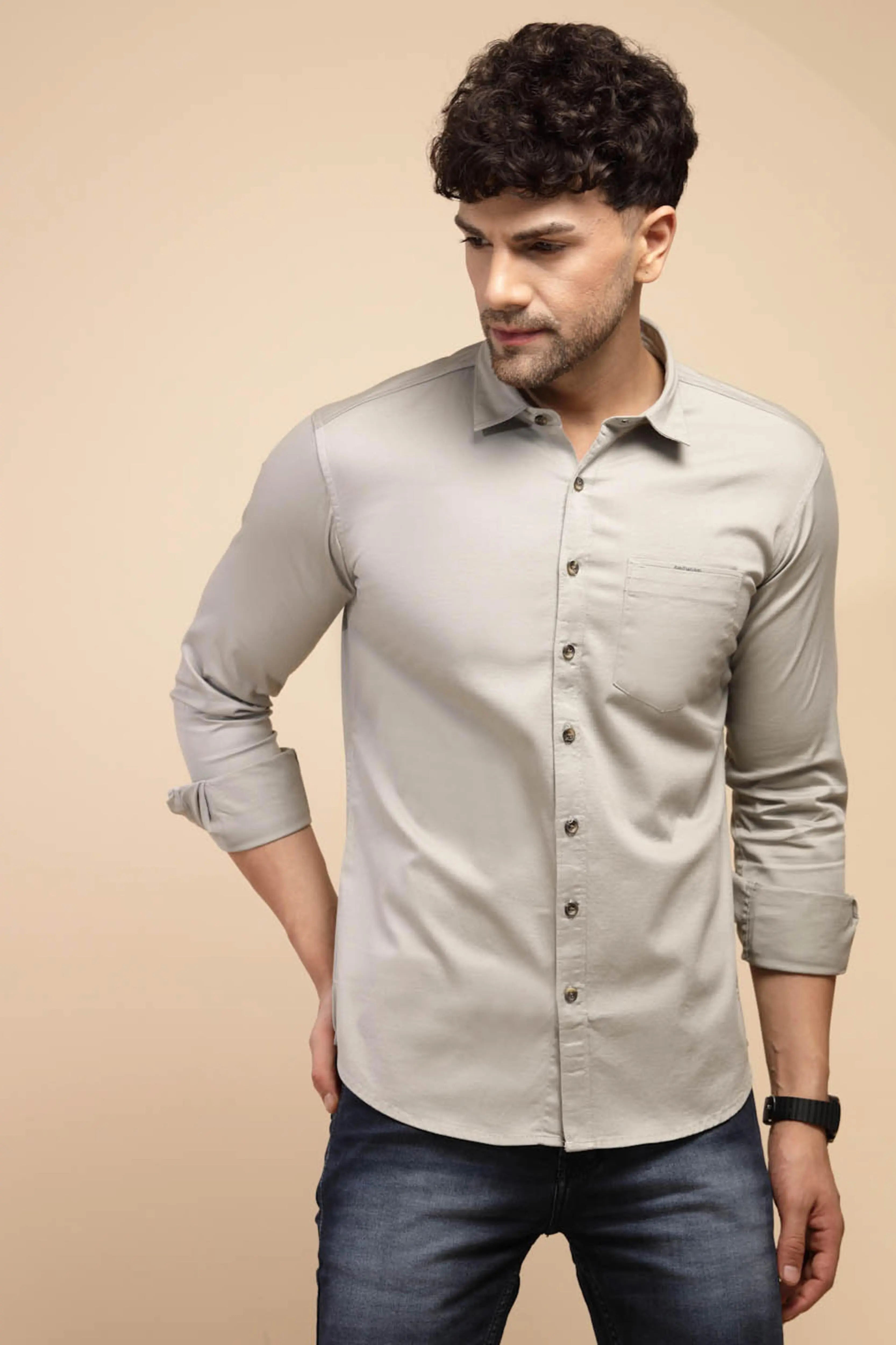 Grey Solid Full Sleeve Collared Neck Cotton Blend Shirt - Global Republic