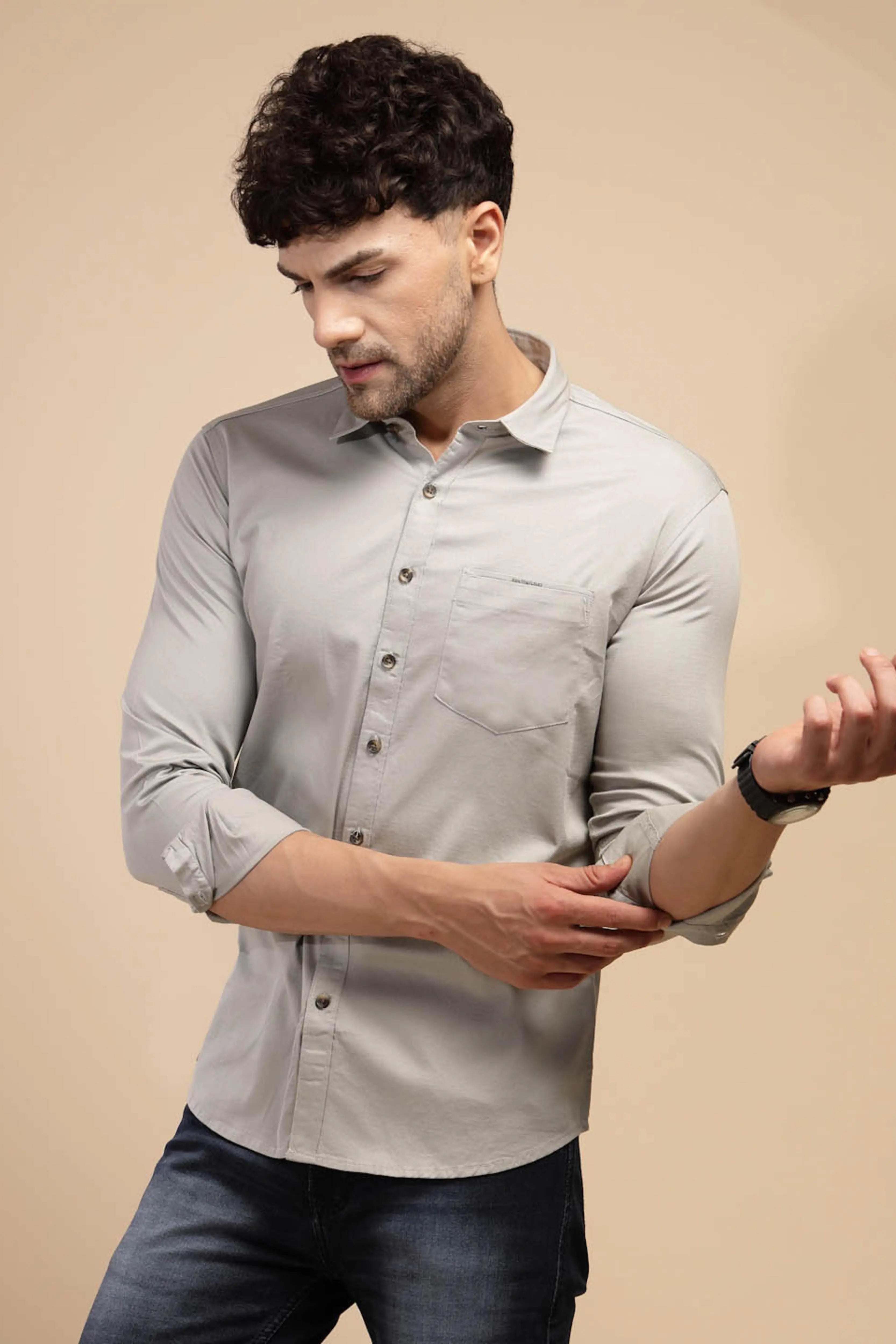 Grey Solid Full Sleeve Collared Neck Cotton Blend Shirt - Global Republic