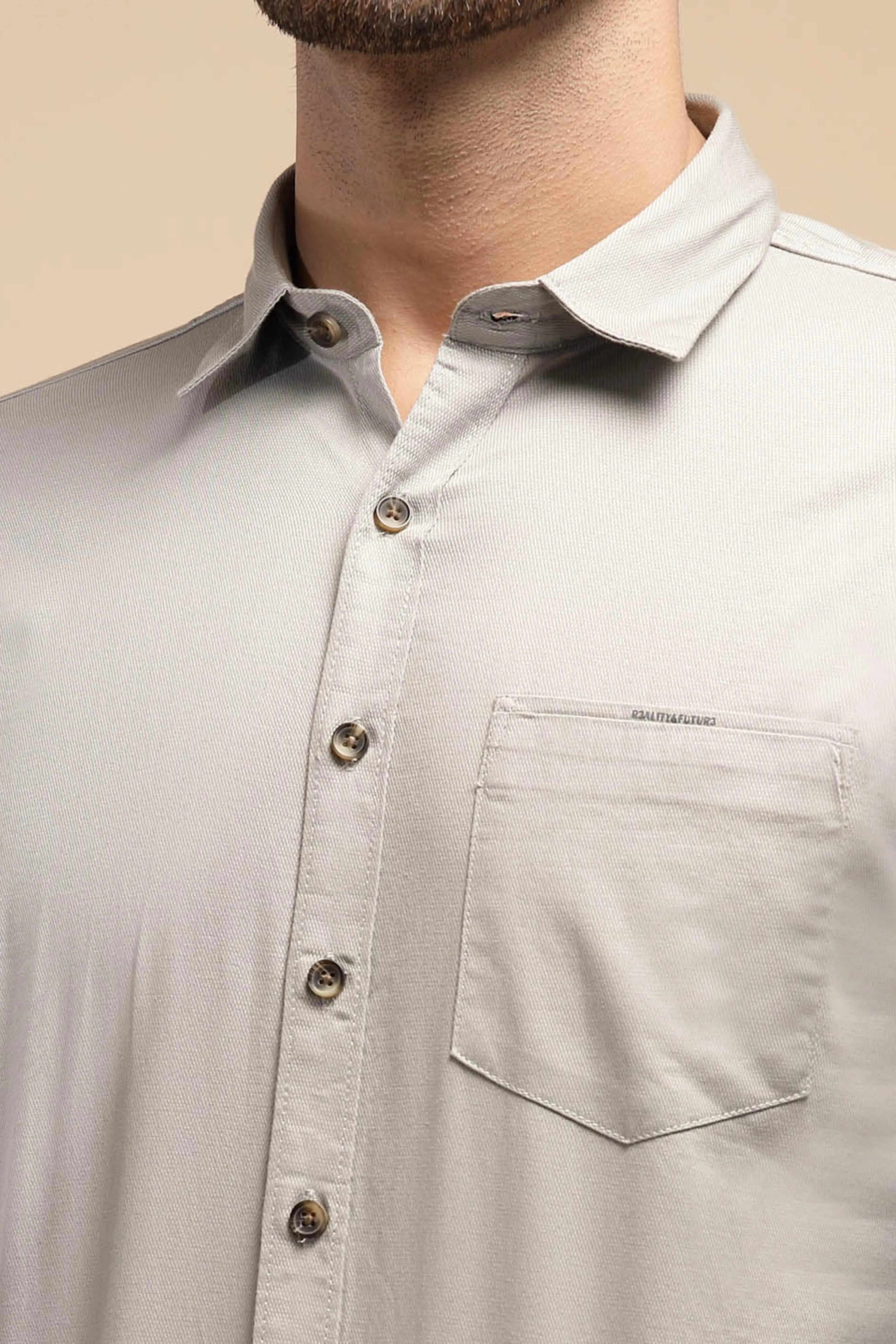 Grey Solid Full Sleeve Collared Neck Cotton Blend Shirt - Global Republic